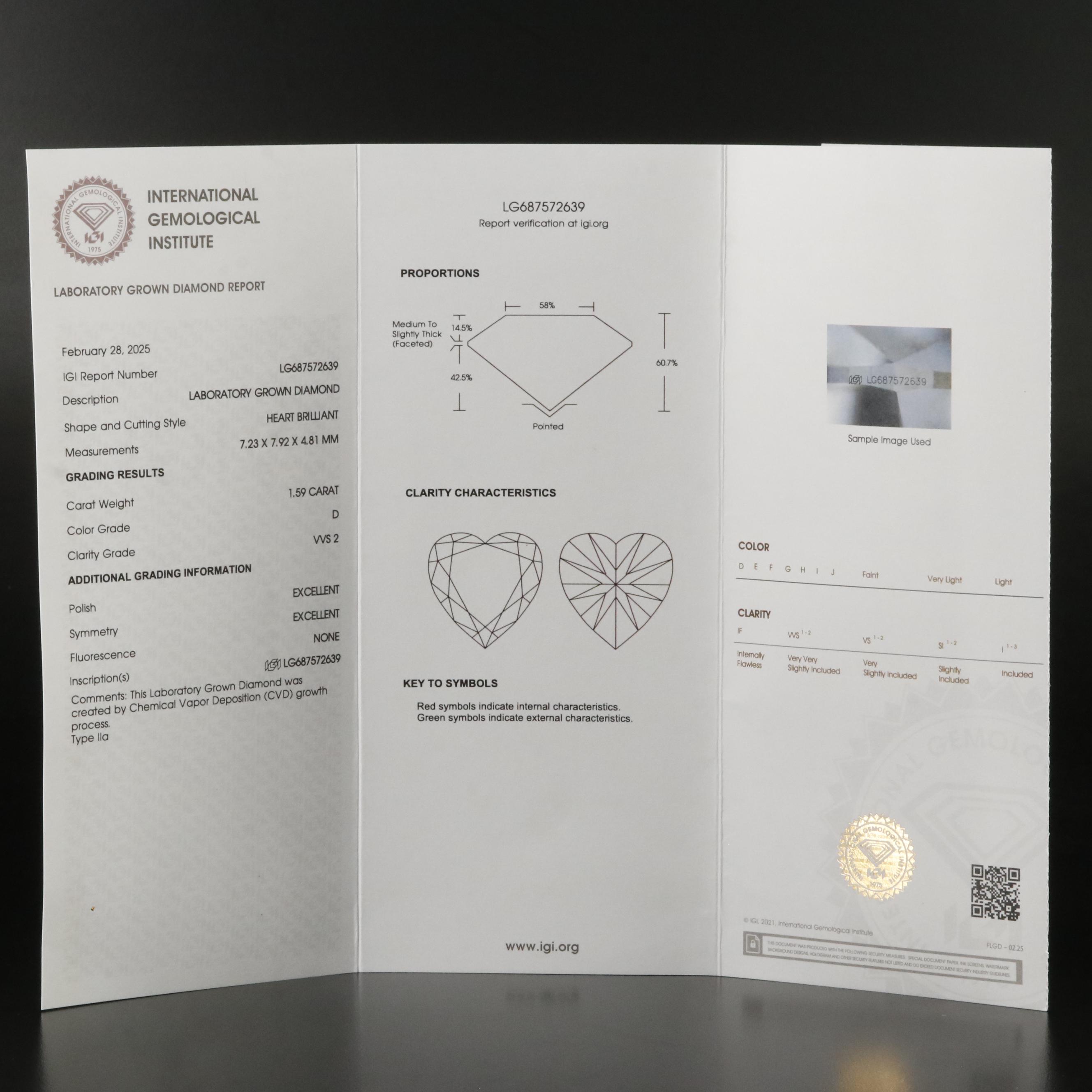 Loose 1.59 CT Lab Grown Diamond with IGI Report