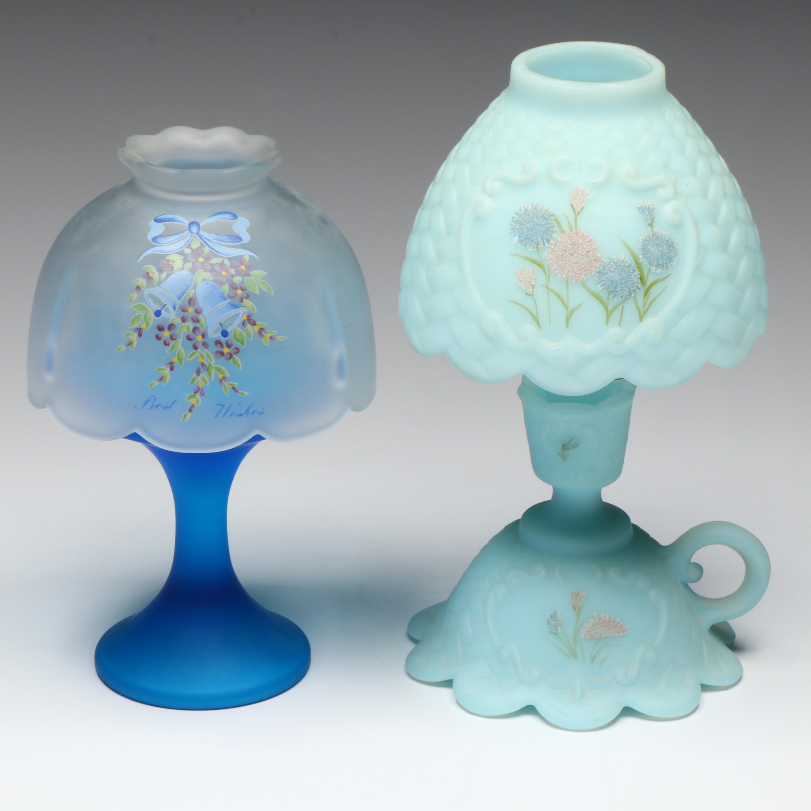 Westmoreland "Best Wishes" and Fenton Blue Satin Glass Tea Cup Fairy Lamps