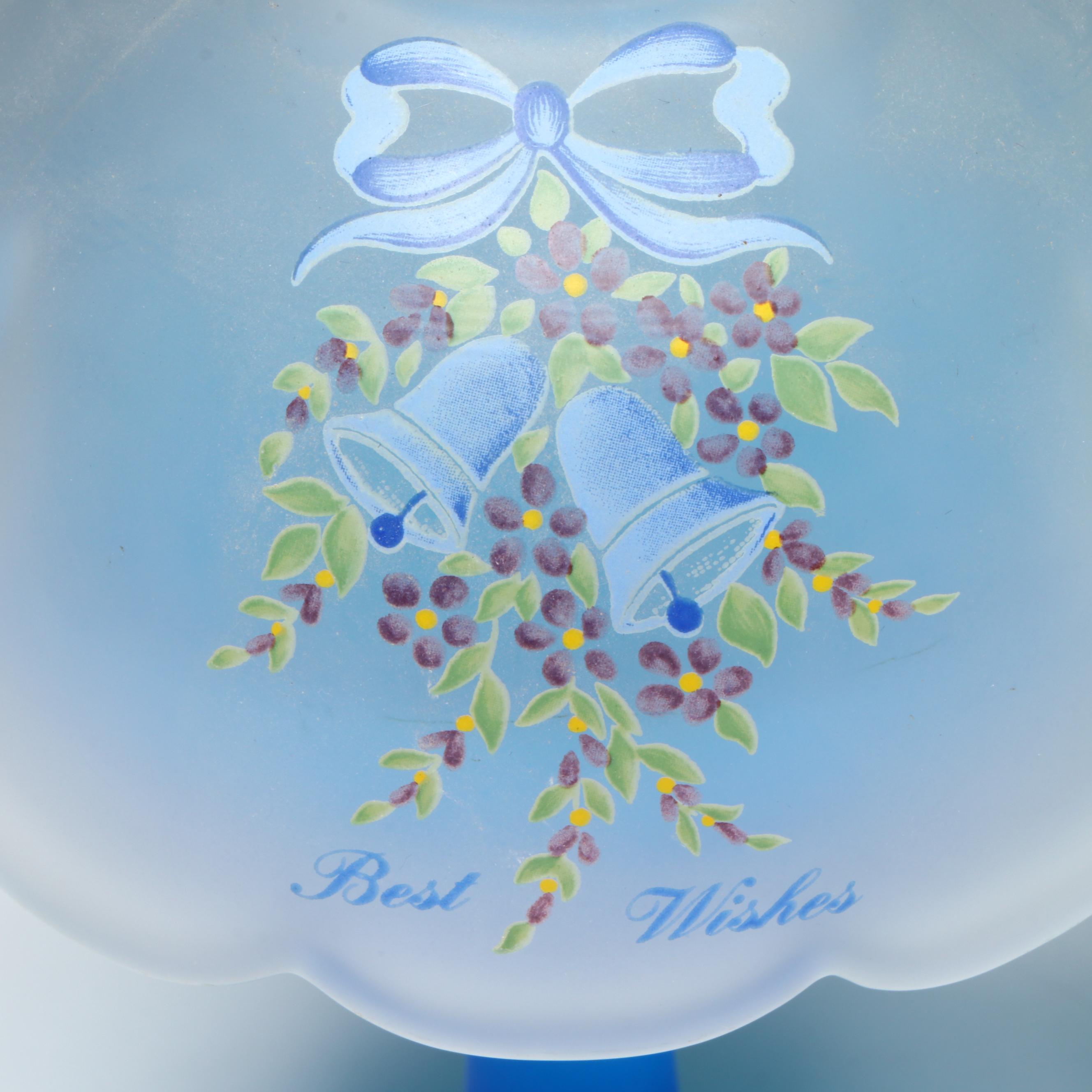 Westmoreland "Best Wishes" and Fenton Blue Satin Glass Tea Cup Fairy Lamps