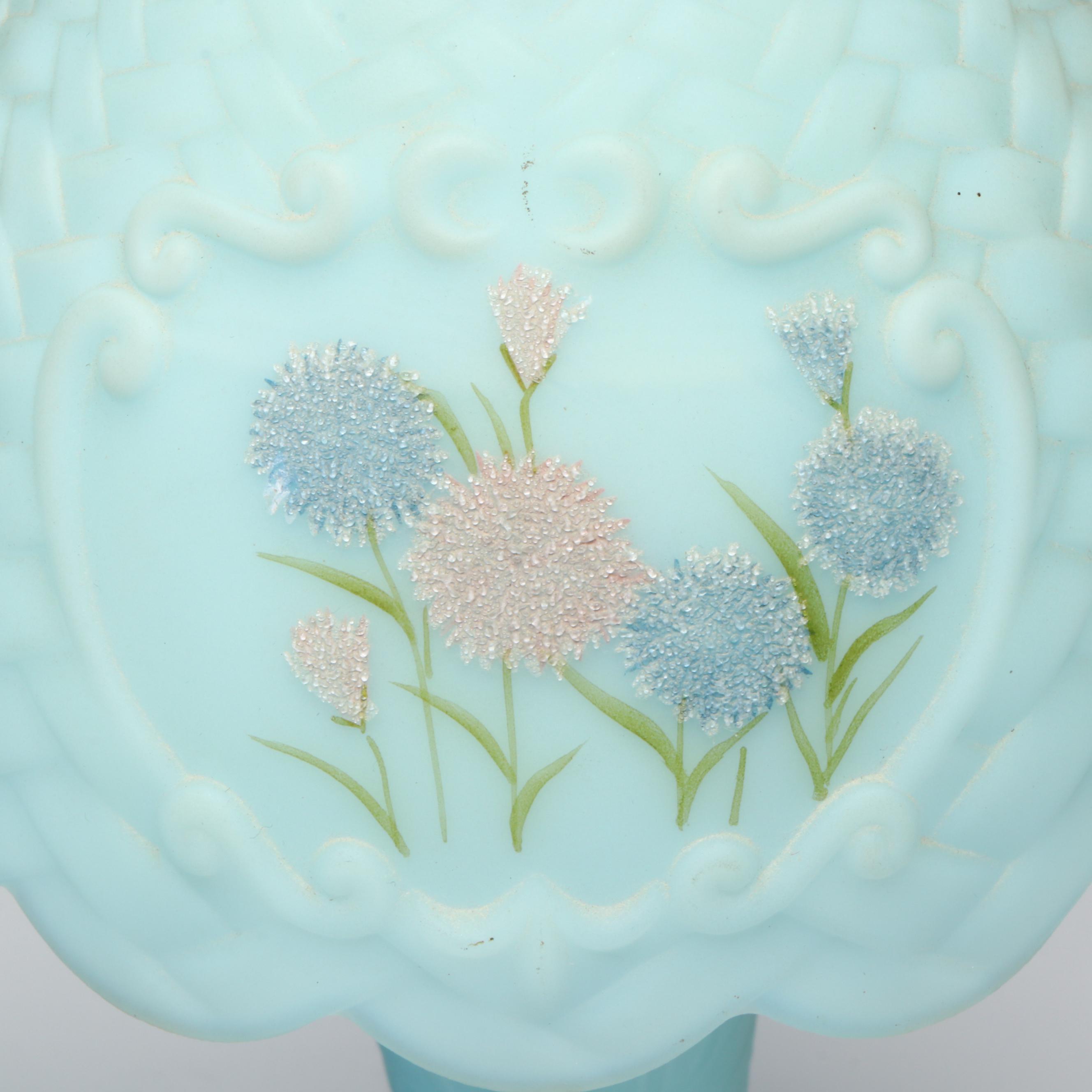 Westmoreland "Best Wishes" and Fenton Blue Satin Glass Tea Cup Fairy Lamps