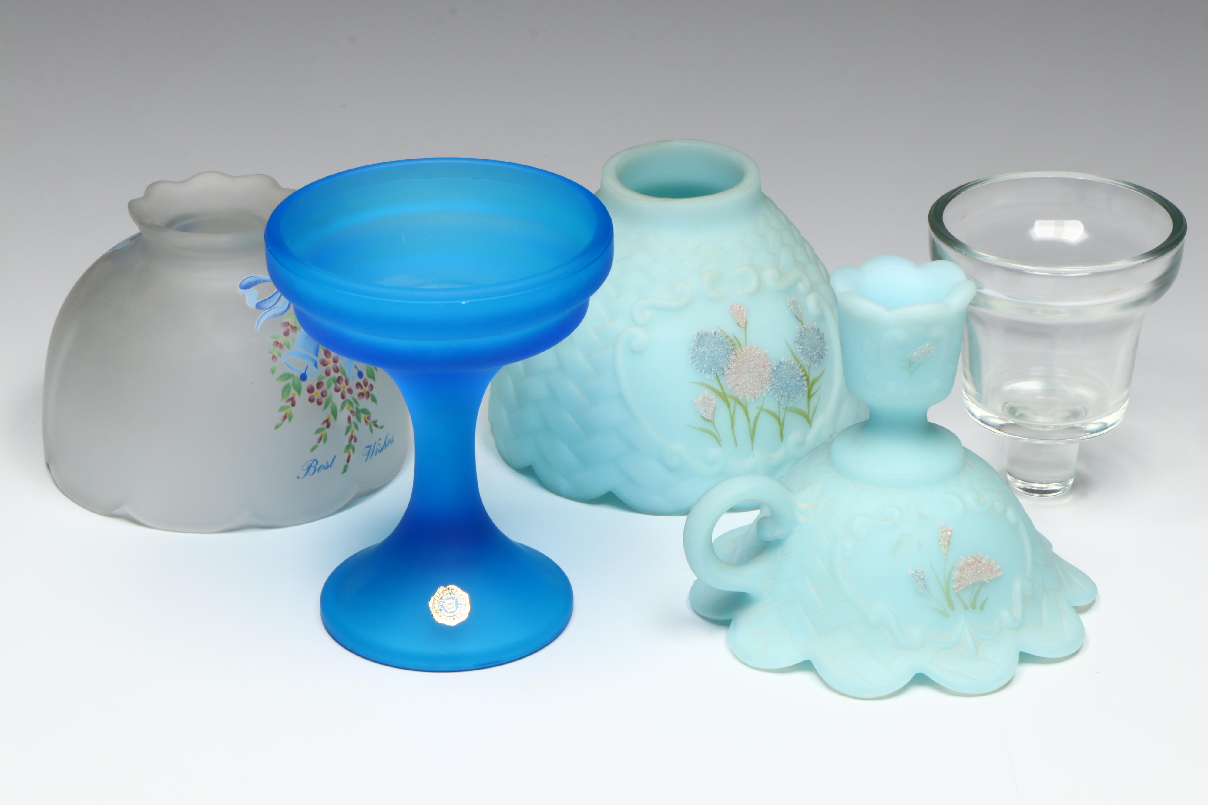 Westmoreland "Best Wishes" and Fenton Blue Satin Glass Tea Cup Fairy Lamps