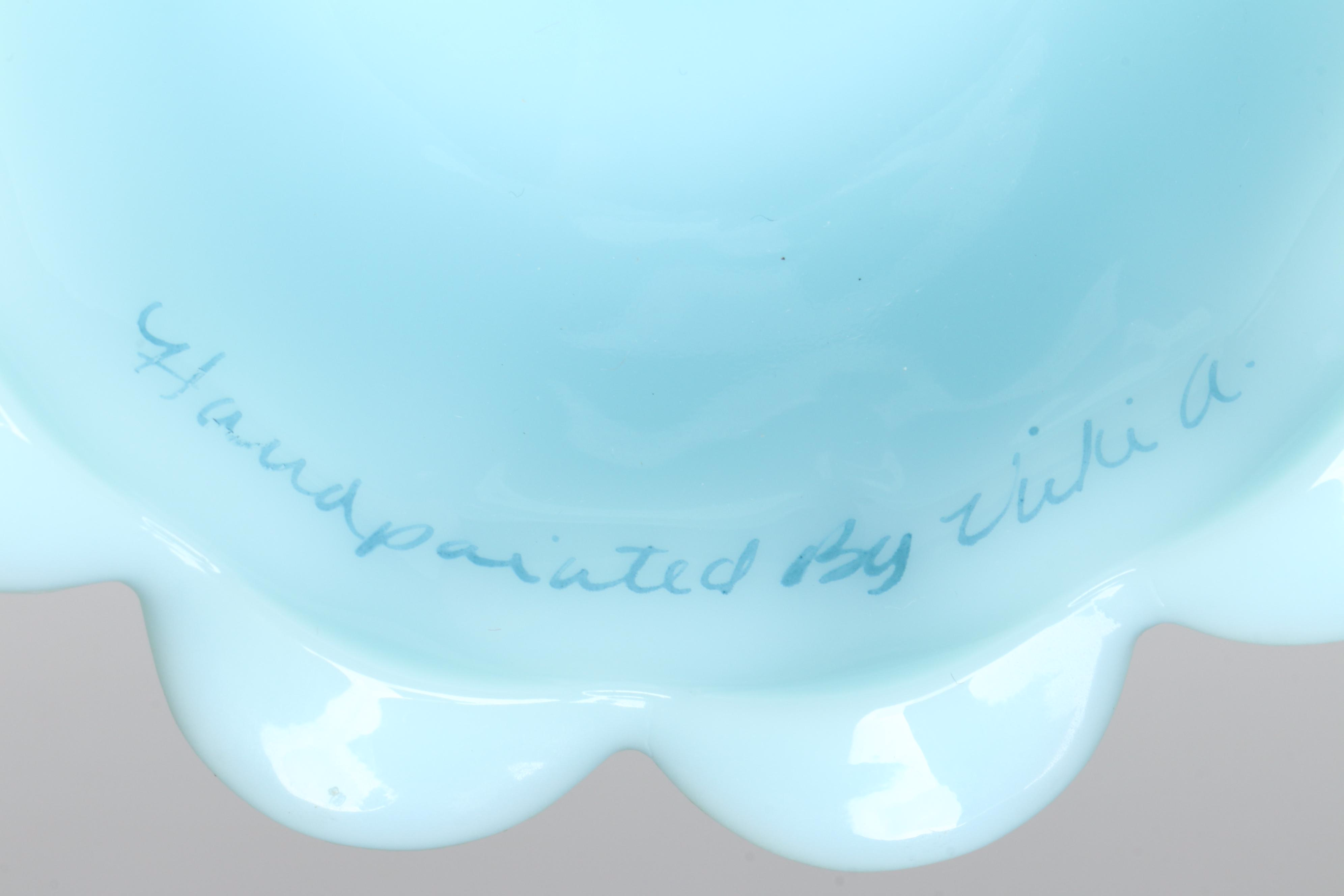 Westmoreland "Best Wishes" and Fenton Blue Satin Glass Tea Cup Fairy Lamps