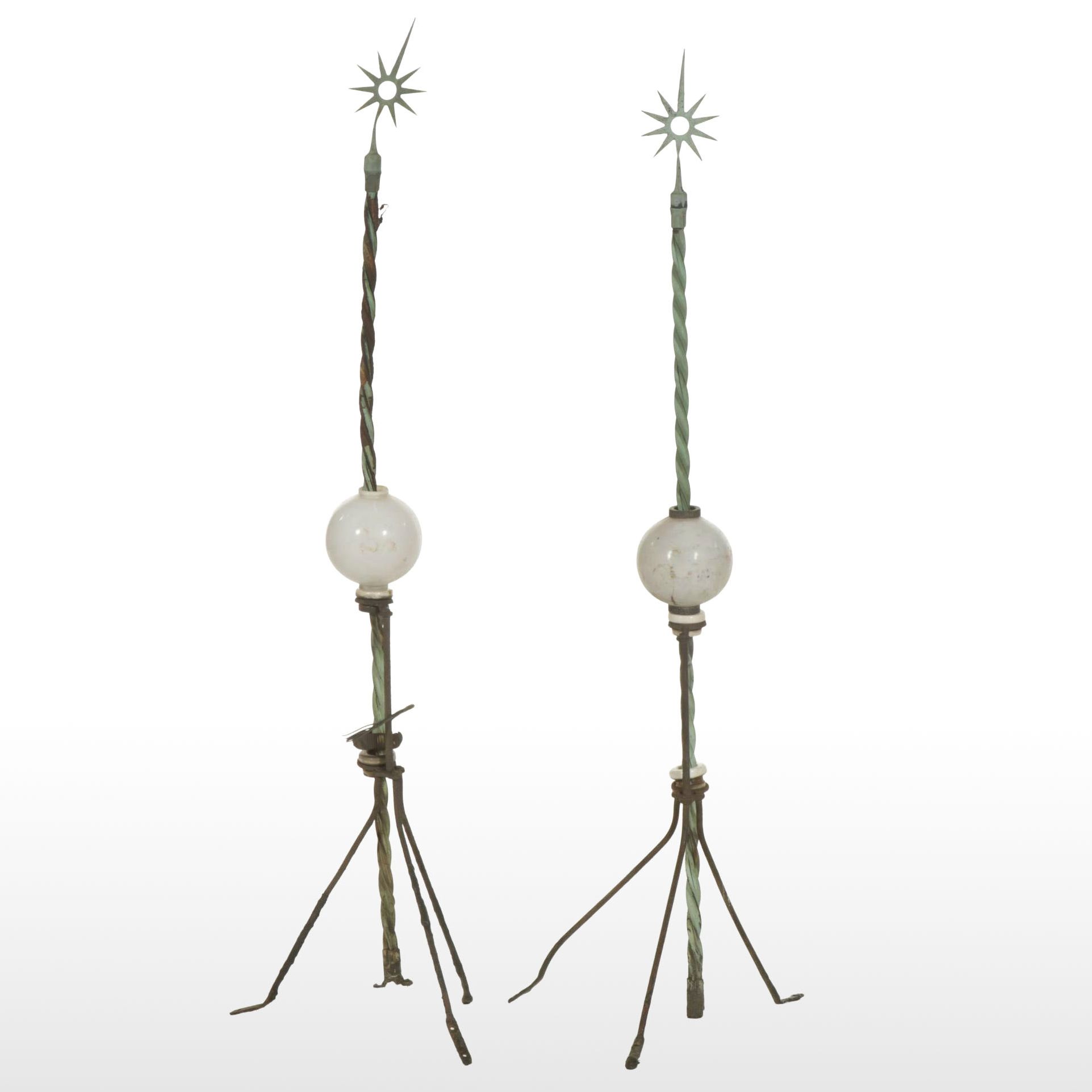 Two Sunburst Top Metal Lightning Rods with Milk Glass Balls and Tripod Stands