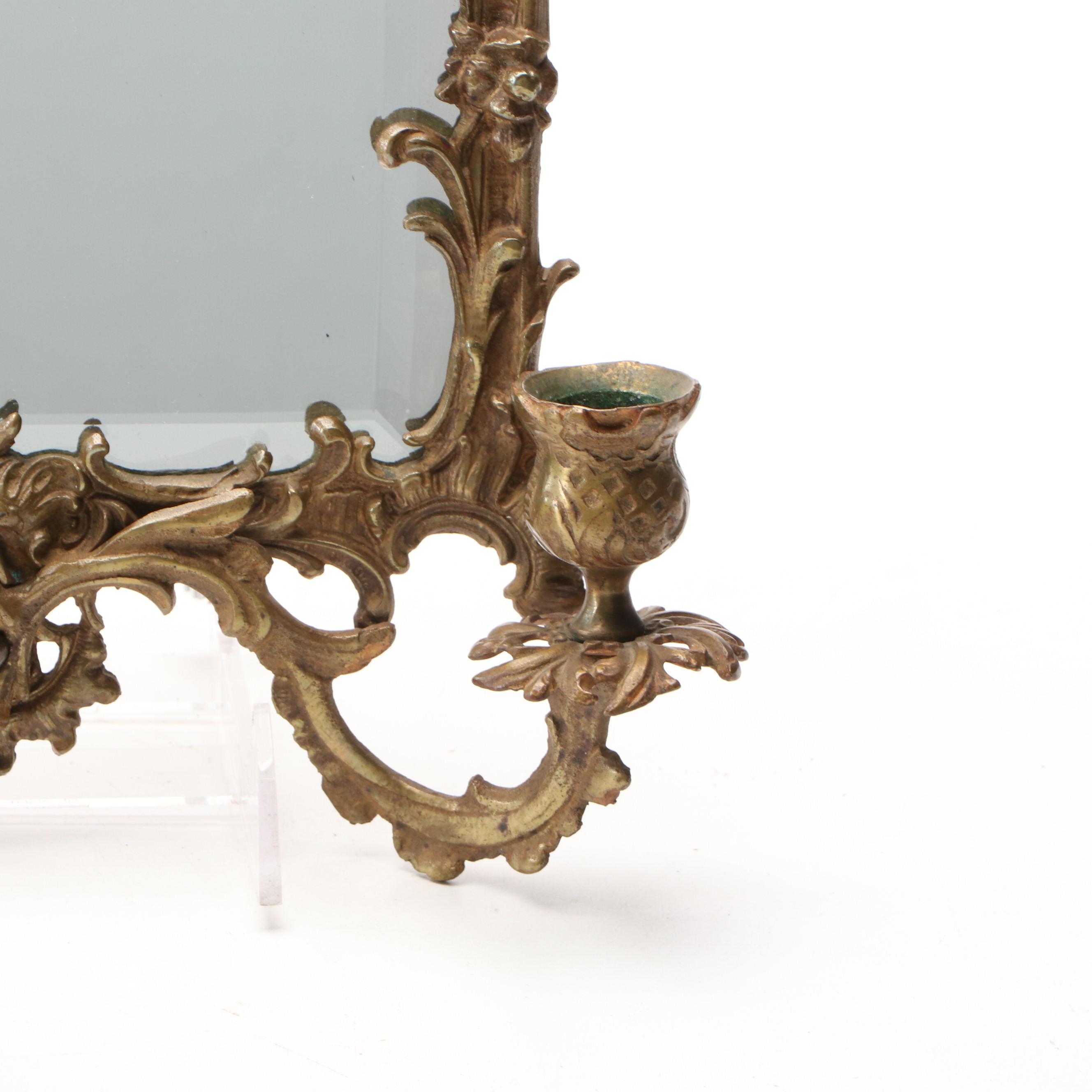 Pair of Louis XIV Style Brass Framed Mirrored Wall Candle Sconces