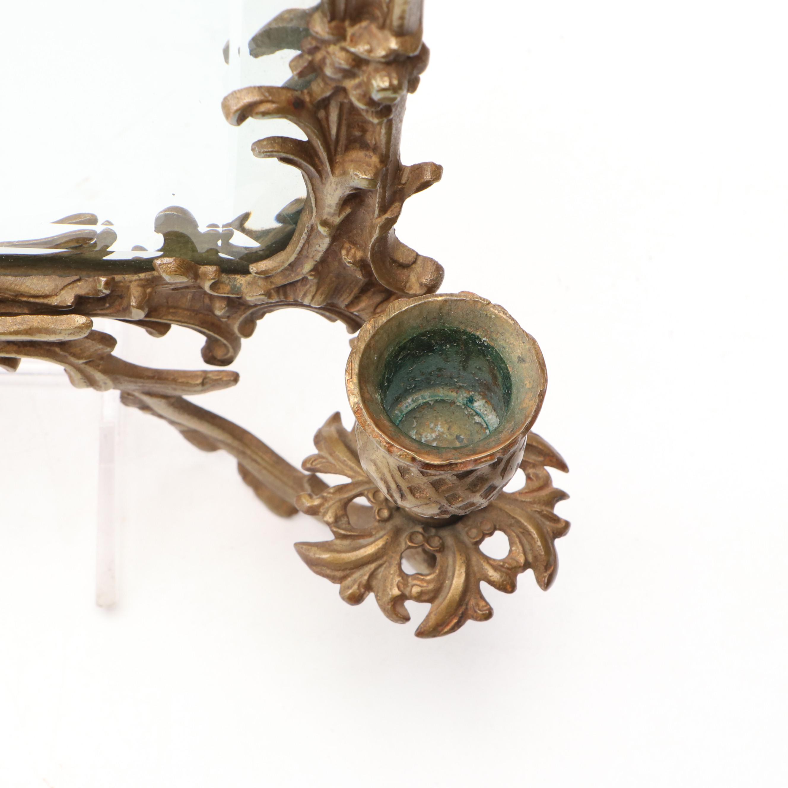 Pair of Louis XIV Style Brass Framed Mirrored Wall Candle Sconces