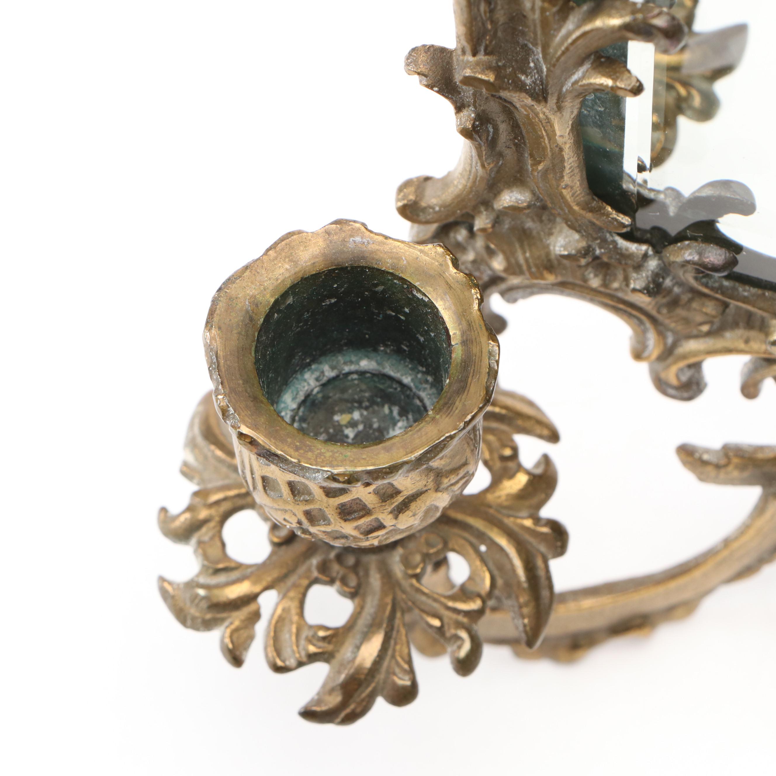 Pair of Louis XIV Style Brass Framed Mirrored Wall Candle Sconces