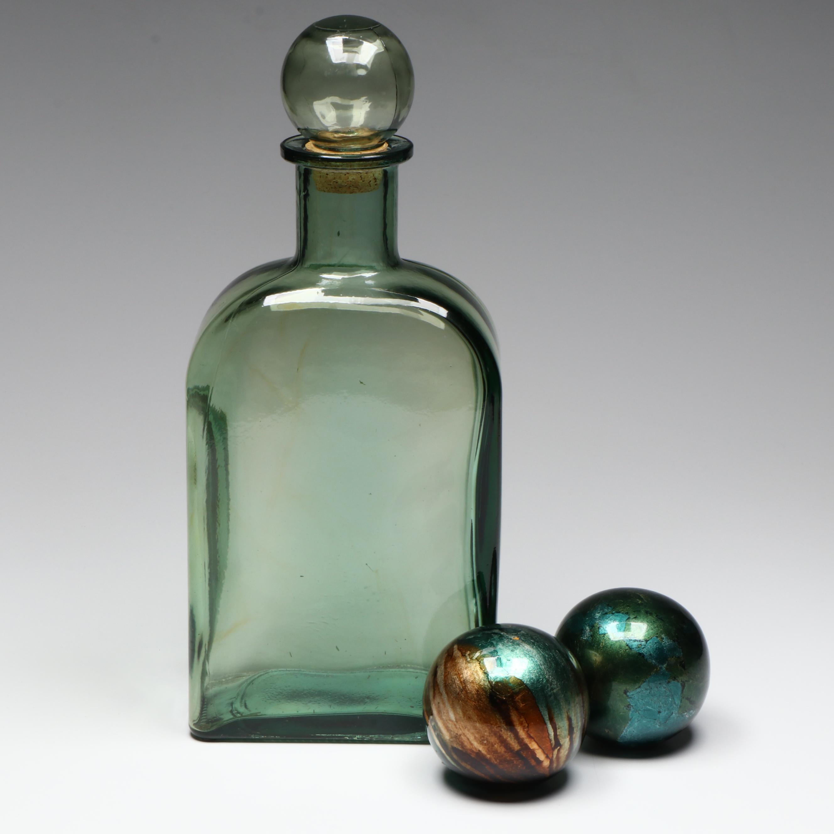 Sea Green Glass Decanter with Decorative Orbs