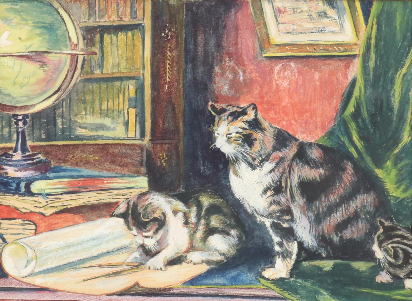 Gouache Painting of Cats in a Study