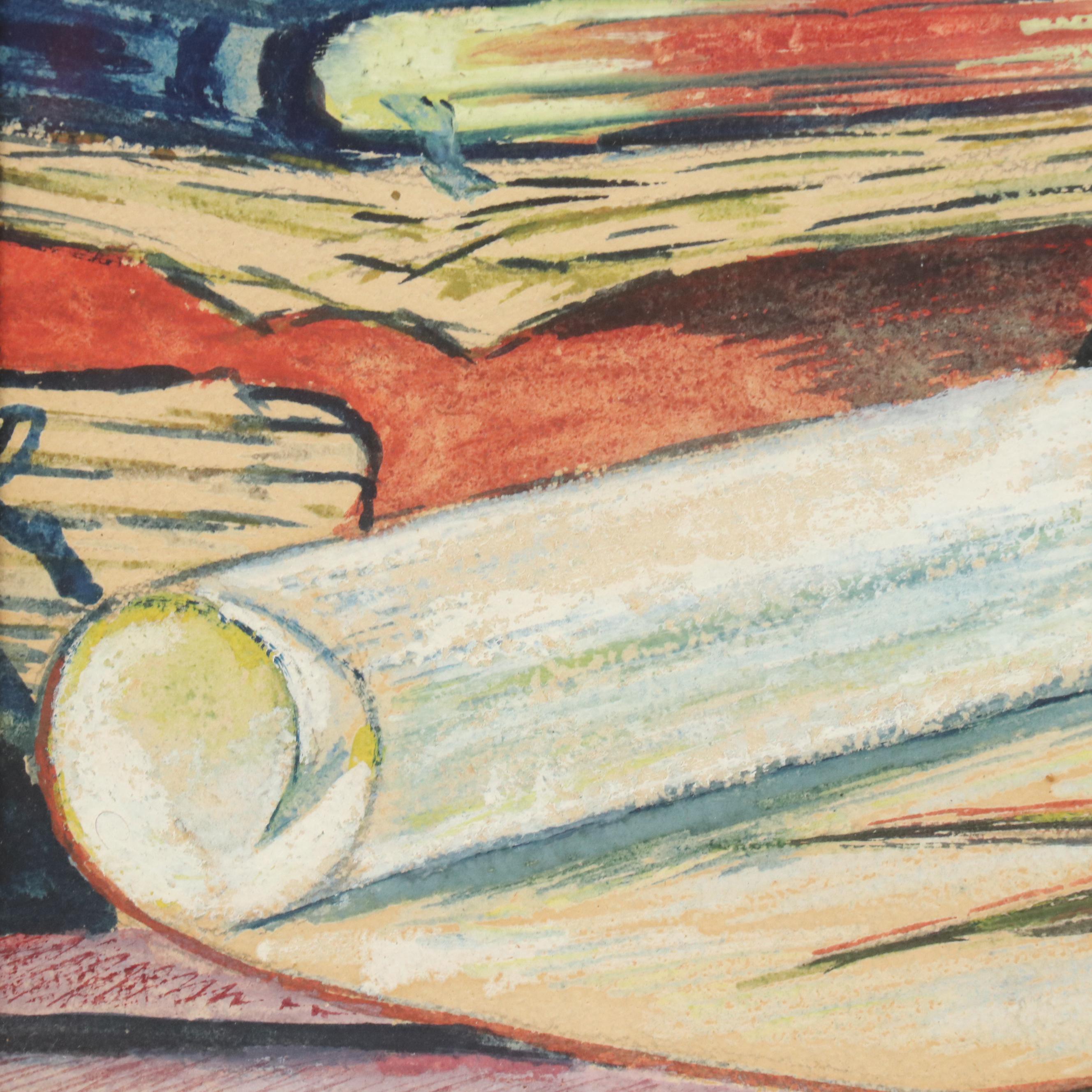 Gouache Painting of Cats in a Study