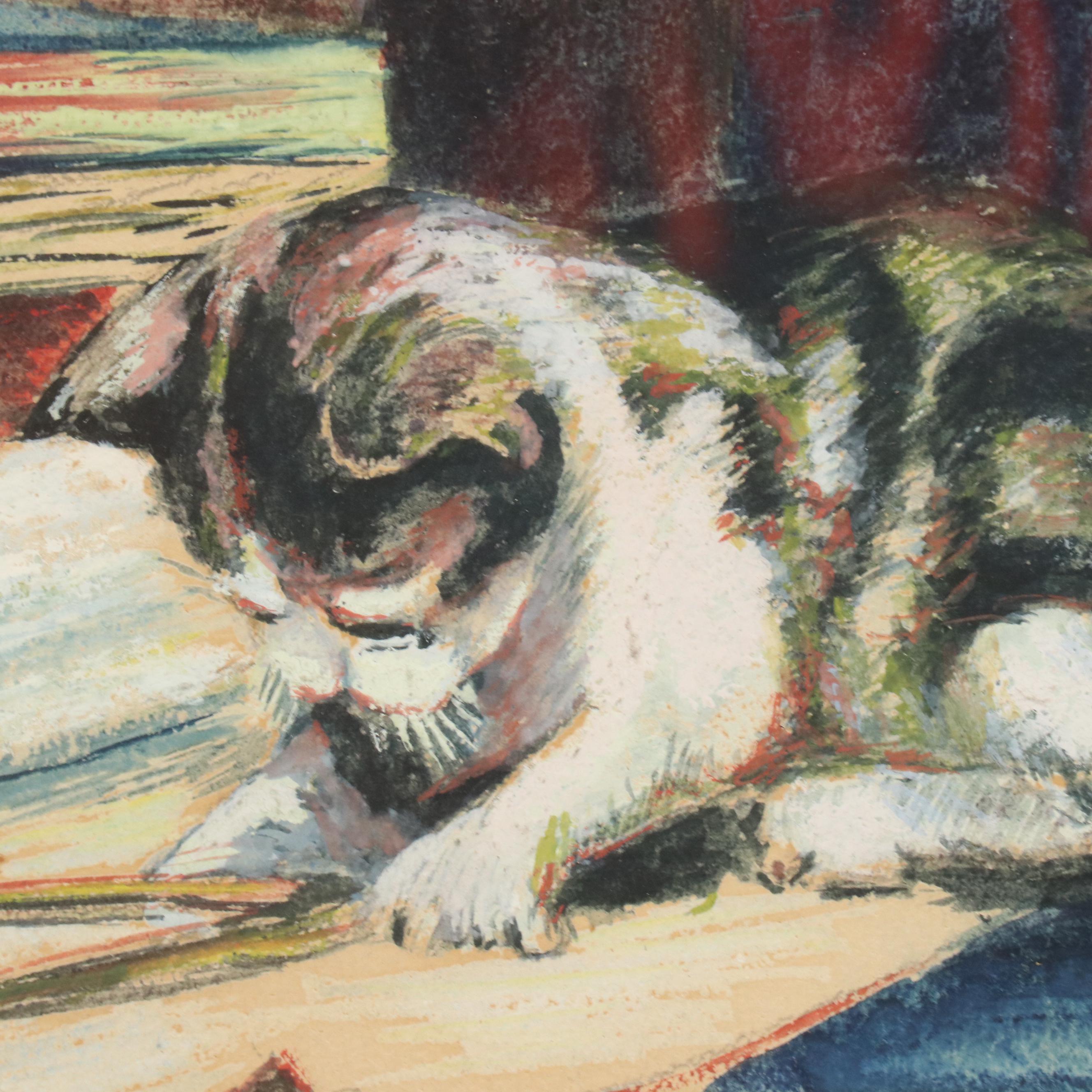 Gouache Painting of Cats in a Study