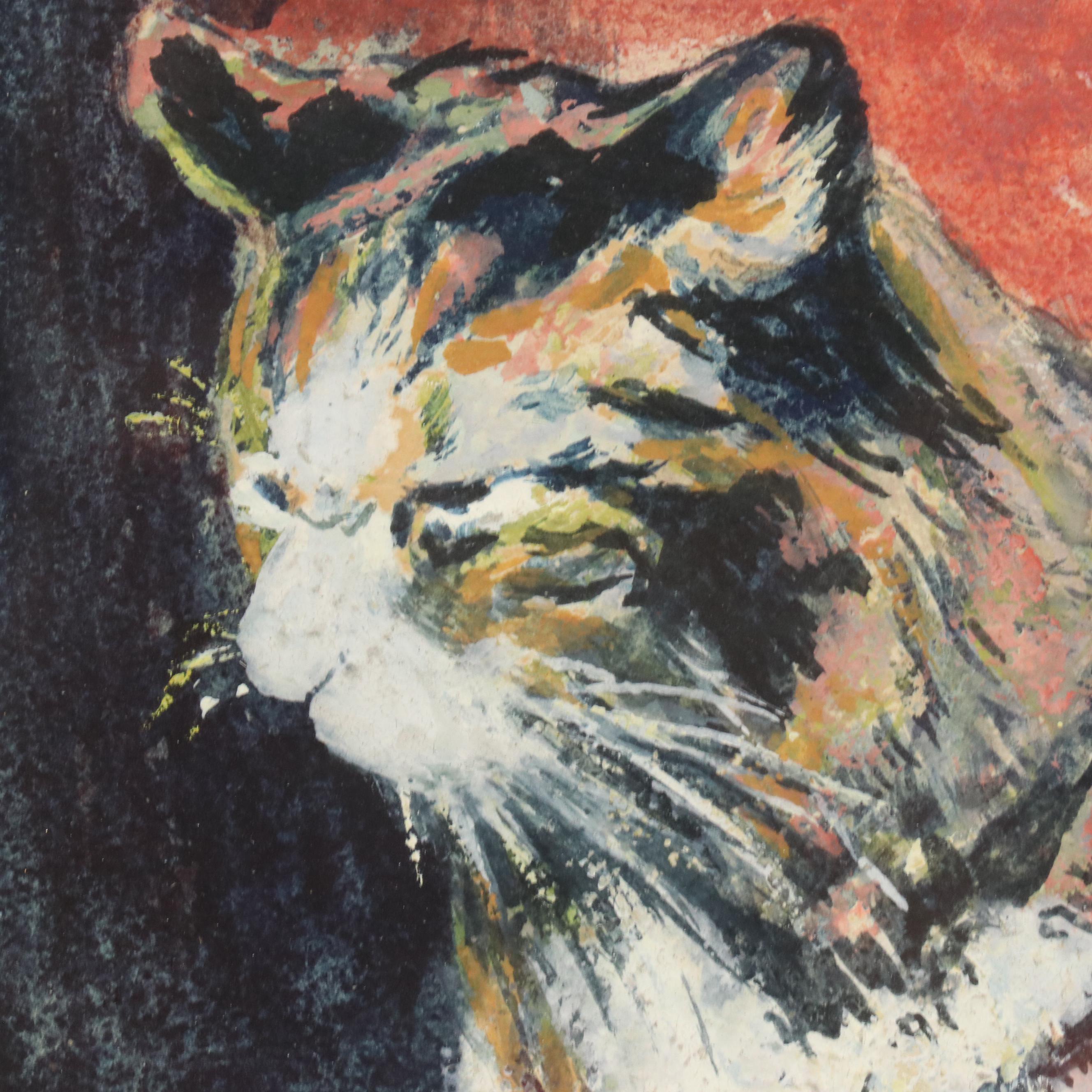 Gouache Painting of Cats in a Study