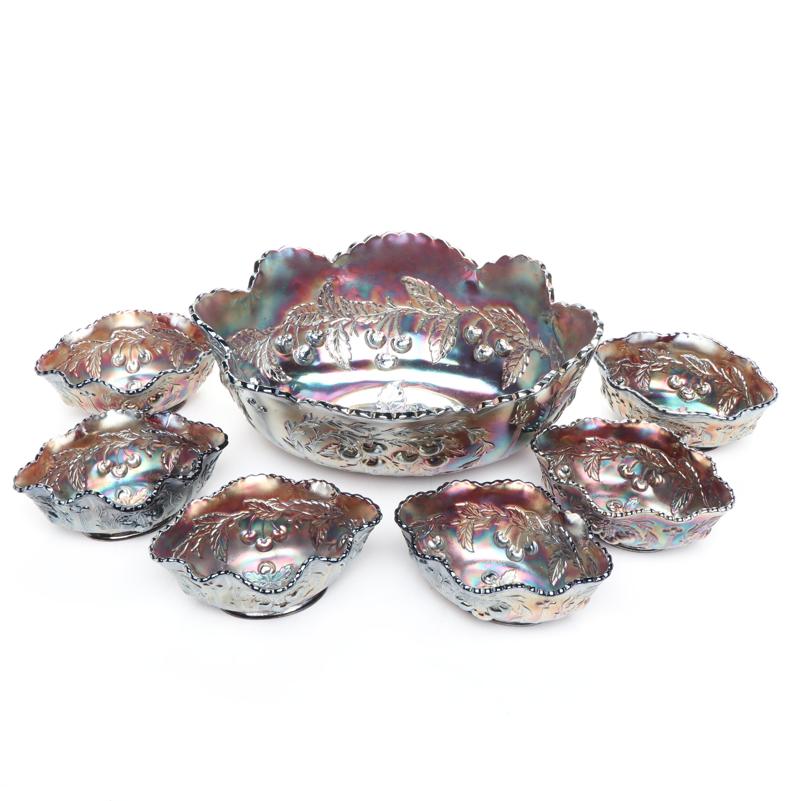 Dugan "Wreathed Cherry" Cobalt Carnival Glass Berry Bowl Set