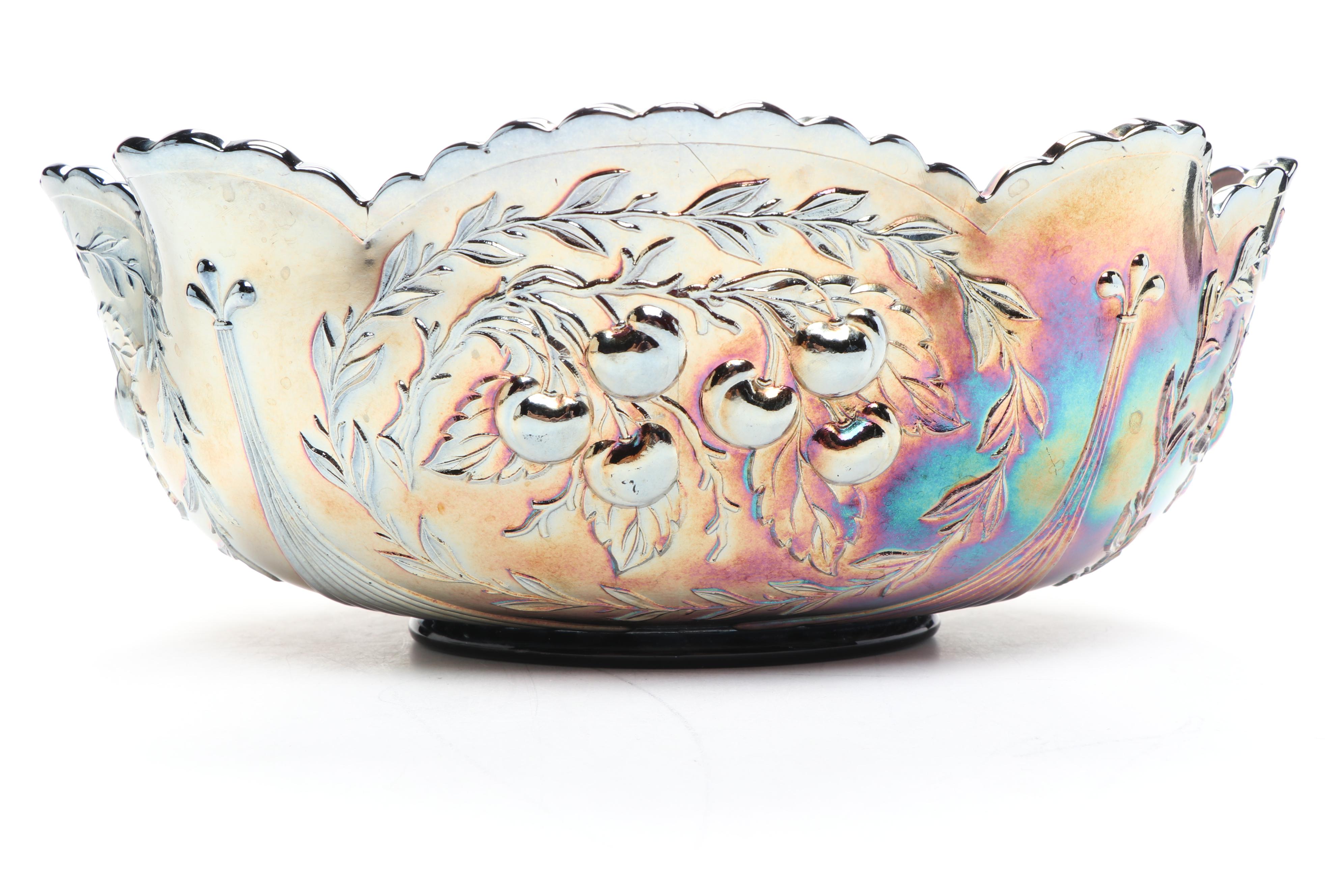 Dugan "Wreathed Cherry" Cobalt Carnival Glass Berry Bowl Set