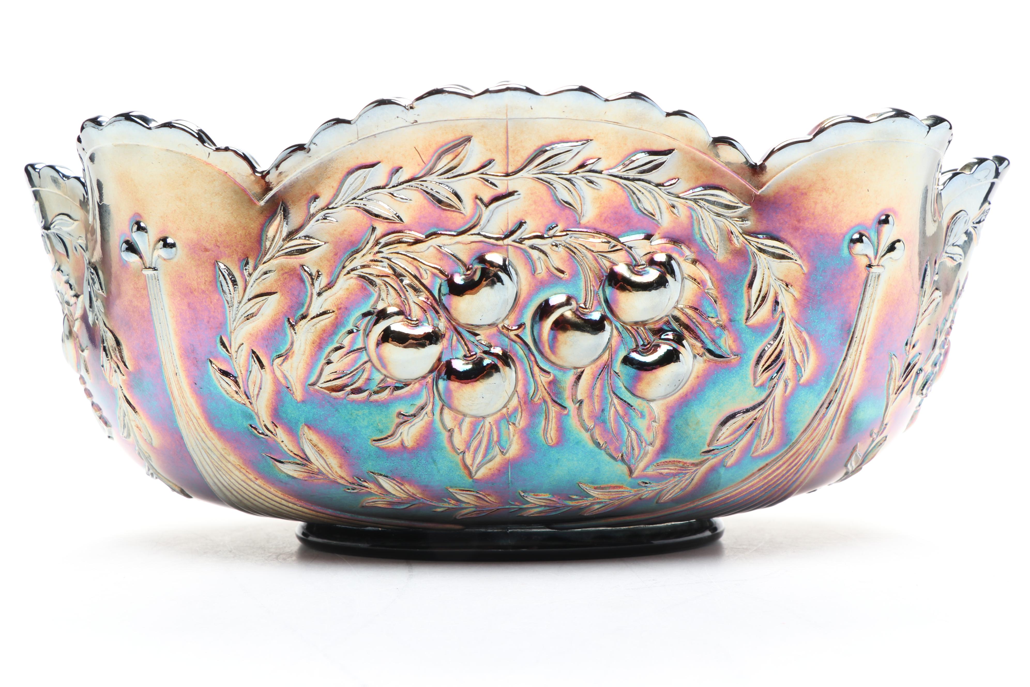 Dugan "Wreathed Cherry" Cobalt Carnival Glass Berry Bowl Set