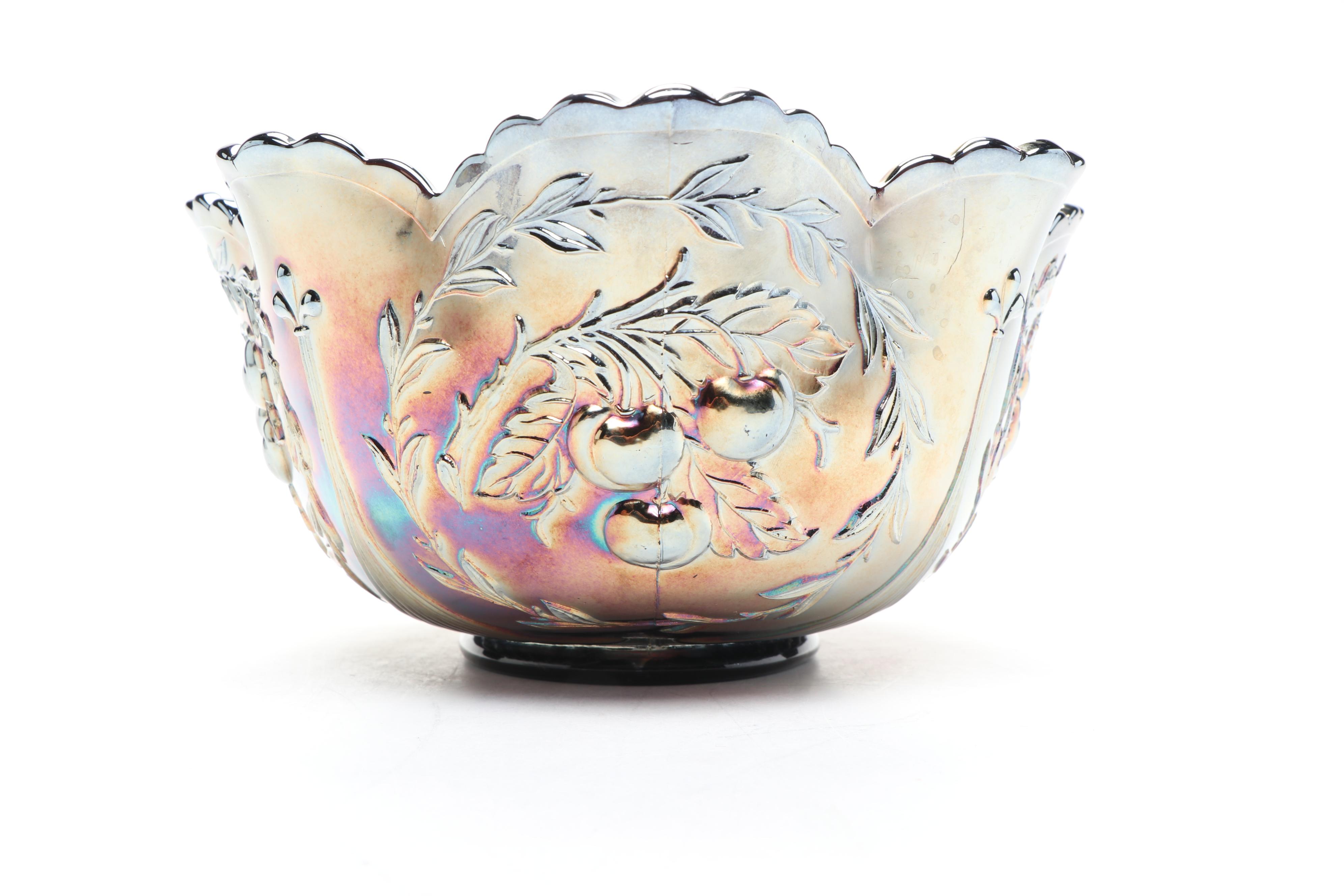 Dugan "Wreathed Cherry" Cobalt Carnival Glass Berry Bowl Set