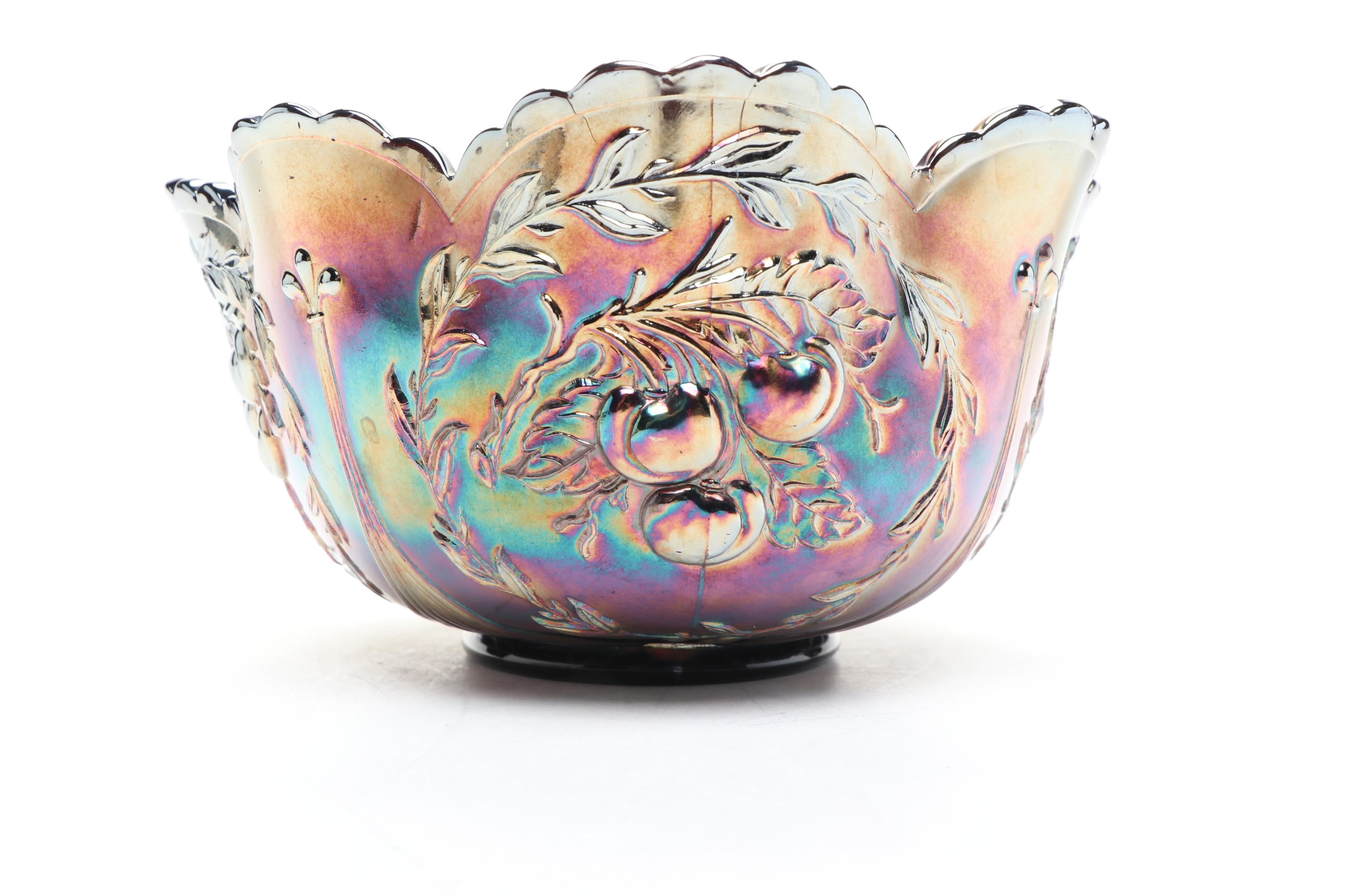 Dugan "Wreathed Cherry" Cobalt Carnival Glass Berry Bowl Set