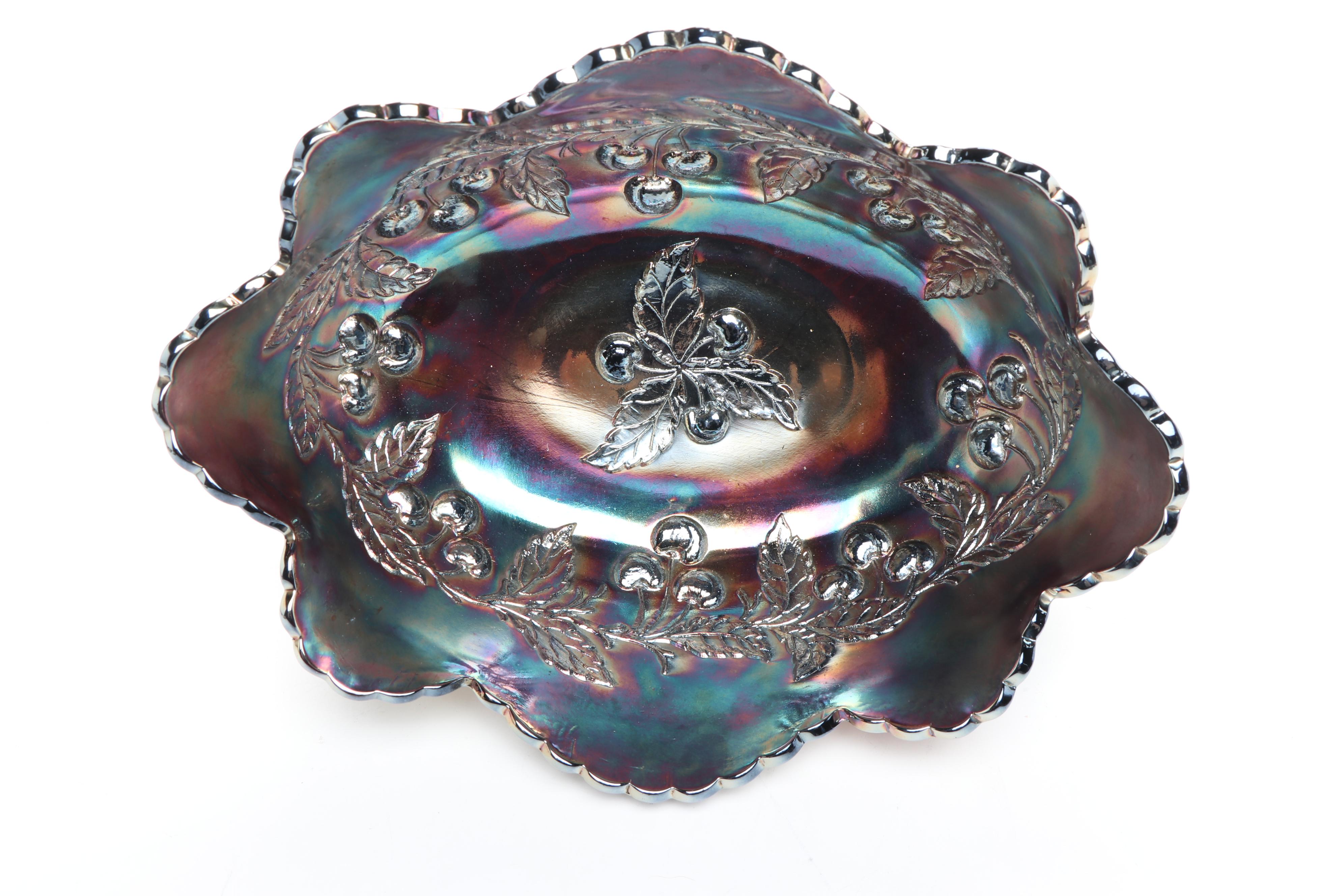 Dugan "Wreathed Cherry" Cobalt Carnival Glass Berry Bowl Set