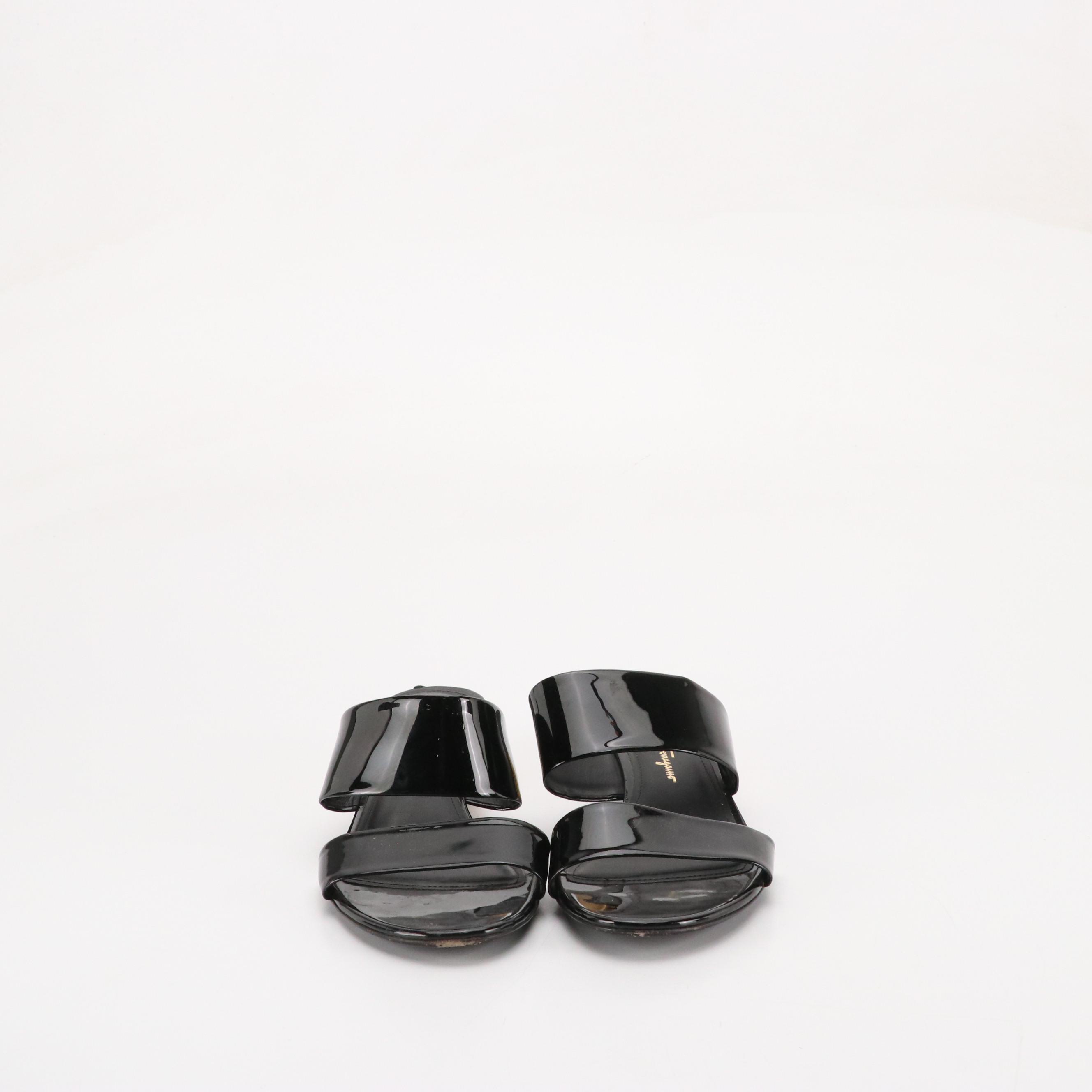 Salvatore Ferragamo Black Patent Leather Sandal, Corcione Ostrich Leather Sandal