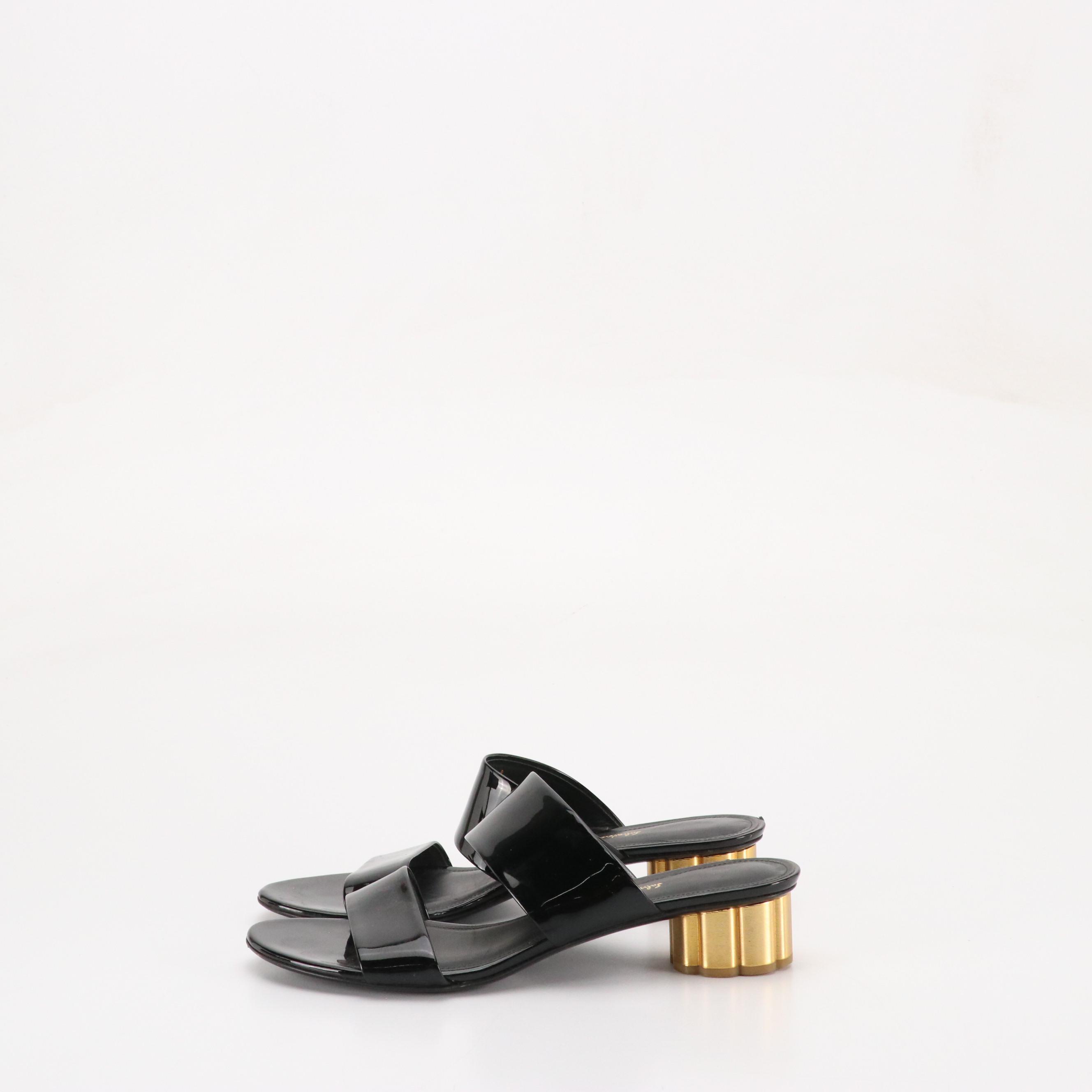 Salvatore Ferragamo Black Patent Leather Sandal, Corcione Ostrich Leather Sandal