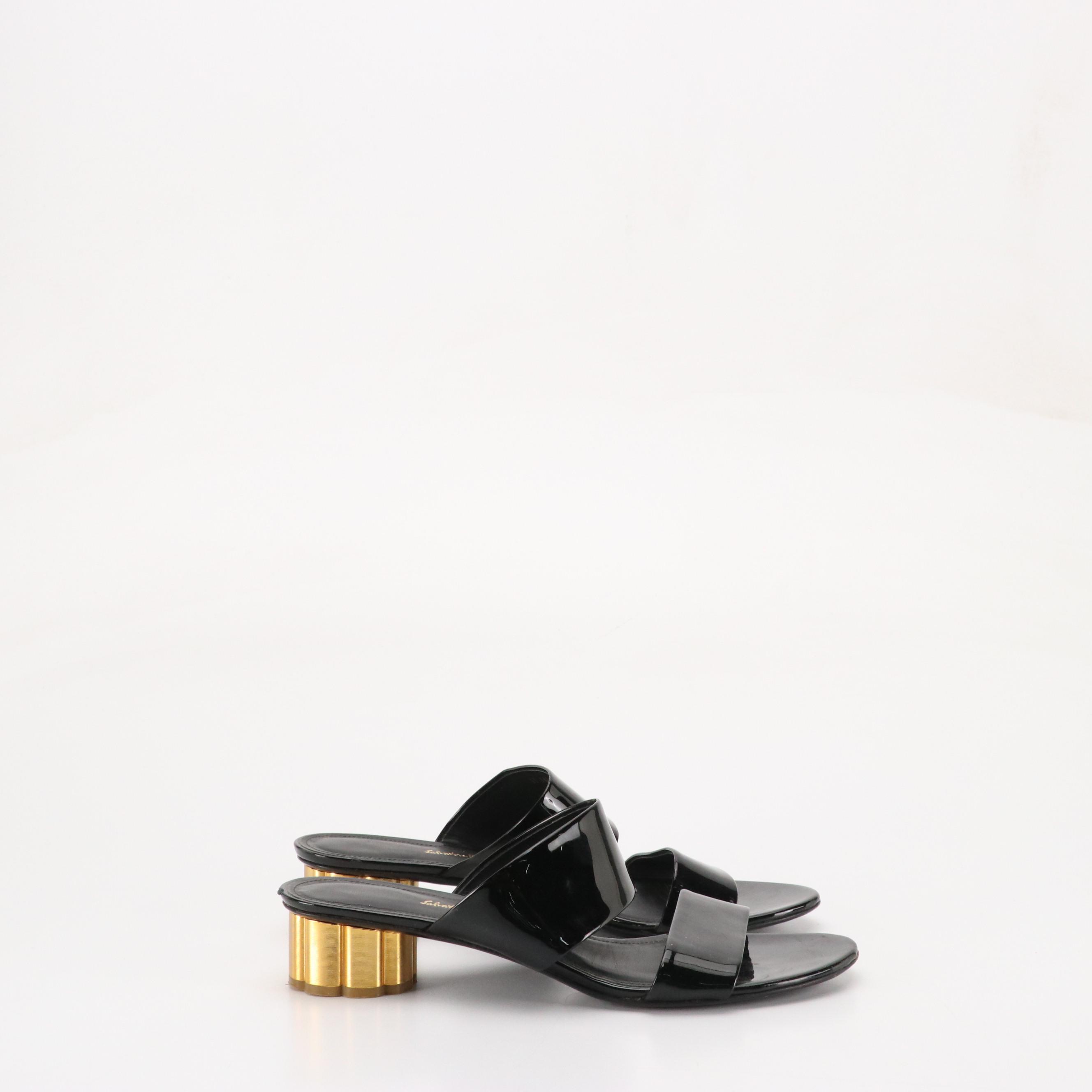 Salvatore Ferragamo Black Patent Leather Sandal, Corcione Ostrich Leather Sandal