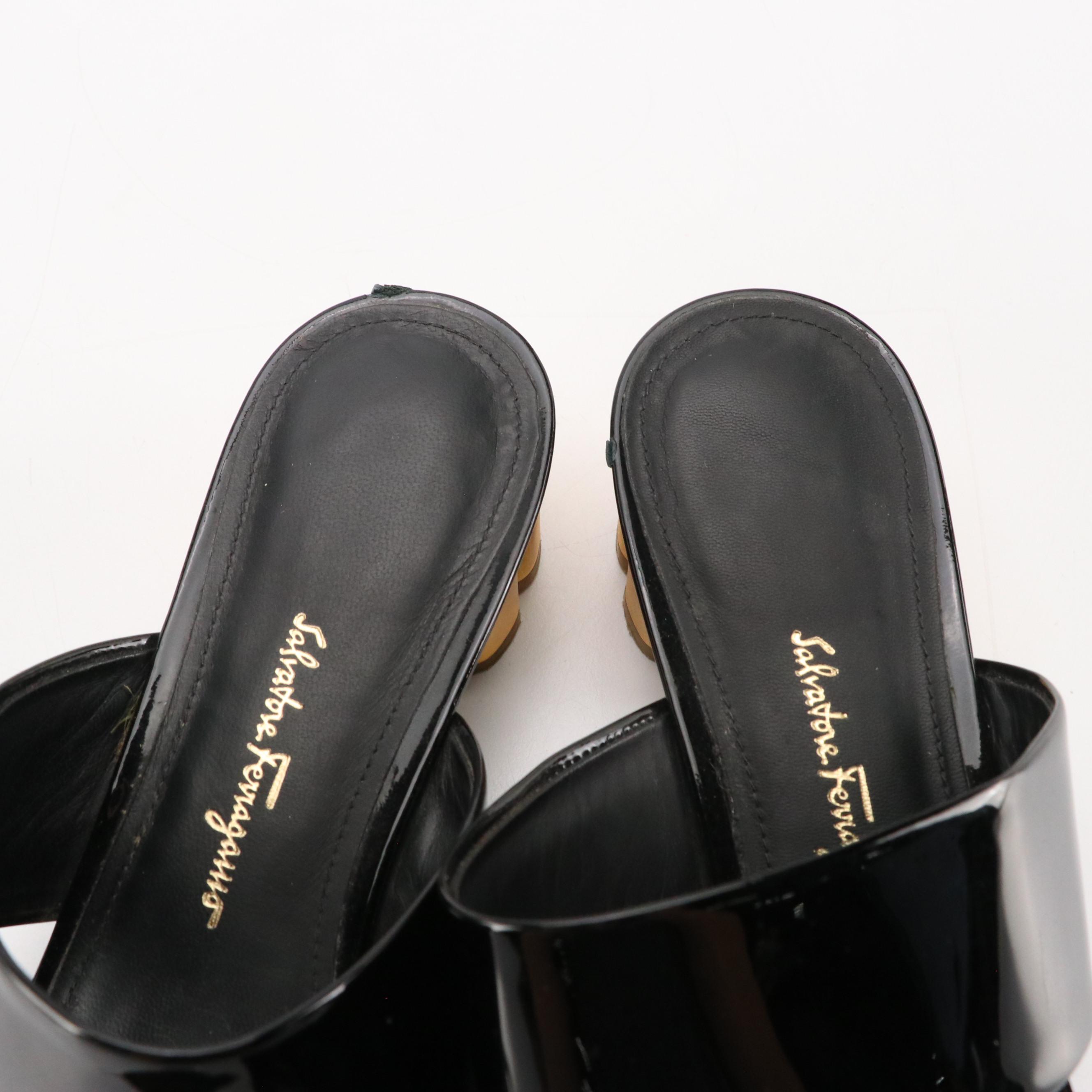 Salvatore Ferragamo Black Patent Leather Sandal, Corcione Ostrich Leather Sandal