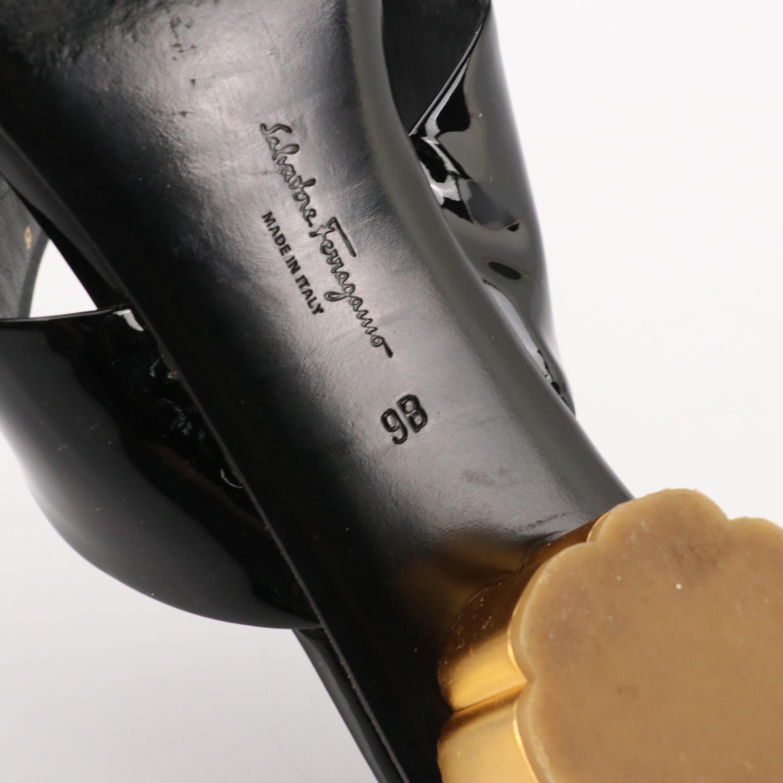 Salvatore Ferragamo Black Patent Leather Sandal, Corcione Ostrich Leather Sandal