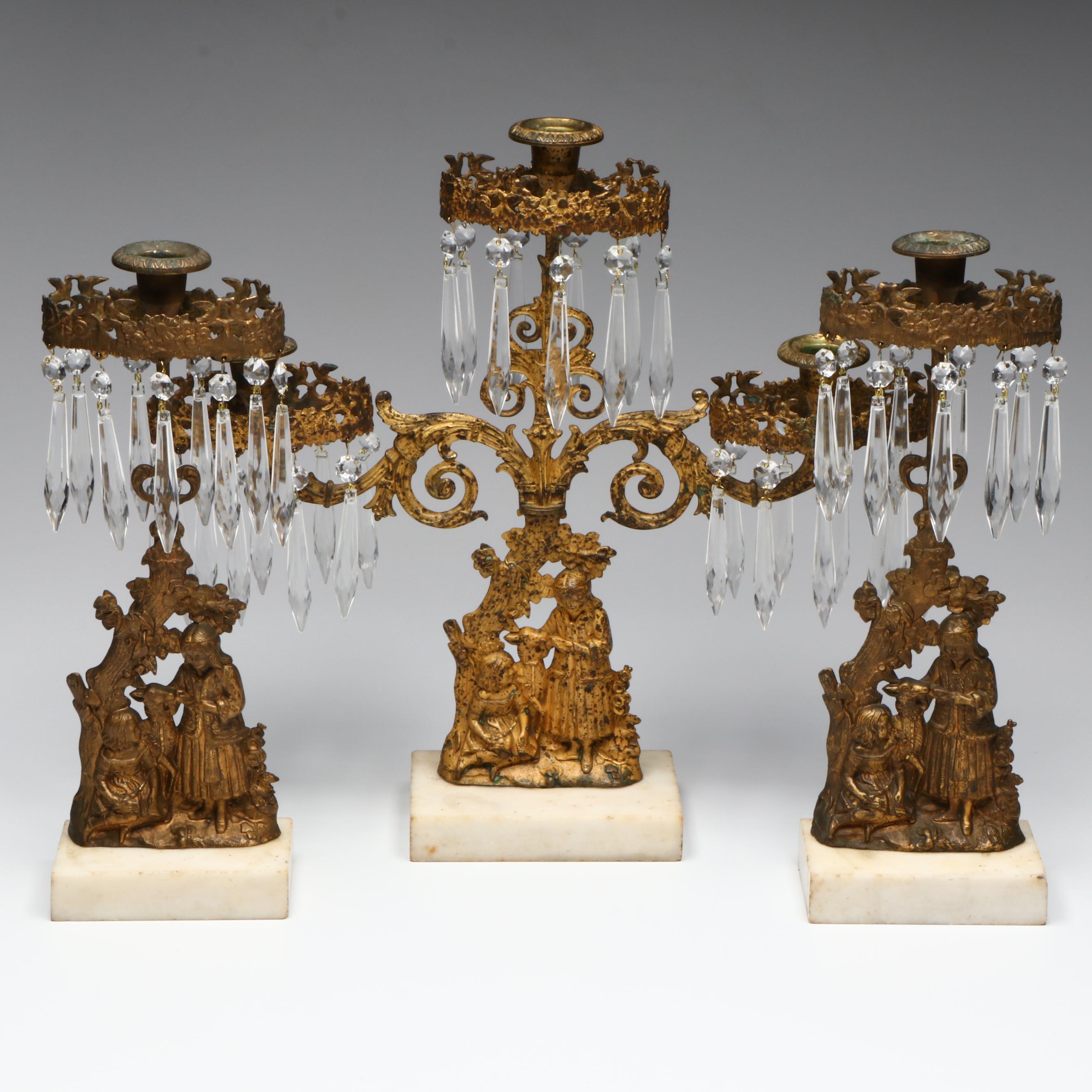 Victorian Gilt Metal Girandoles with Hanging Pendants, Late 19th Century