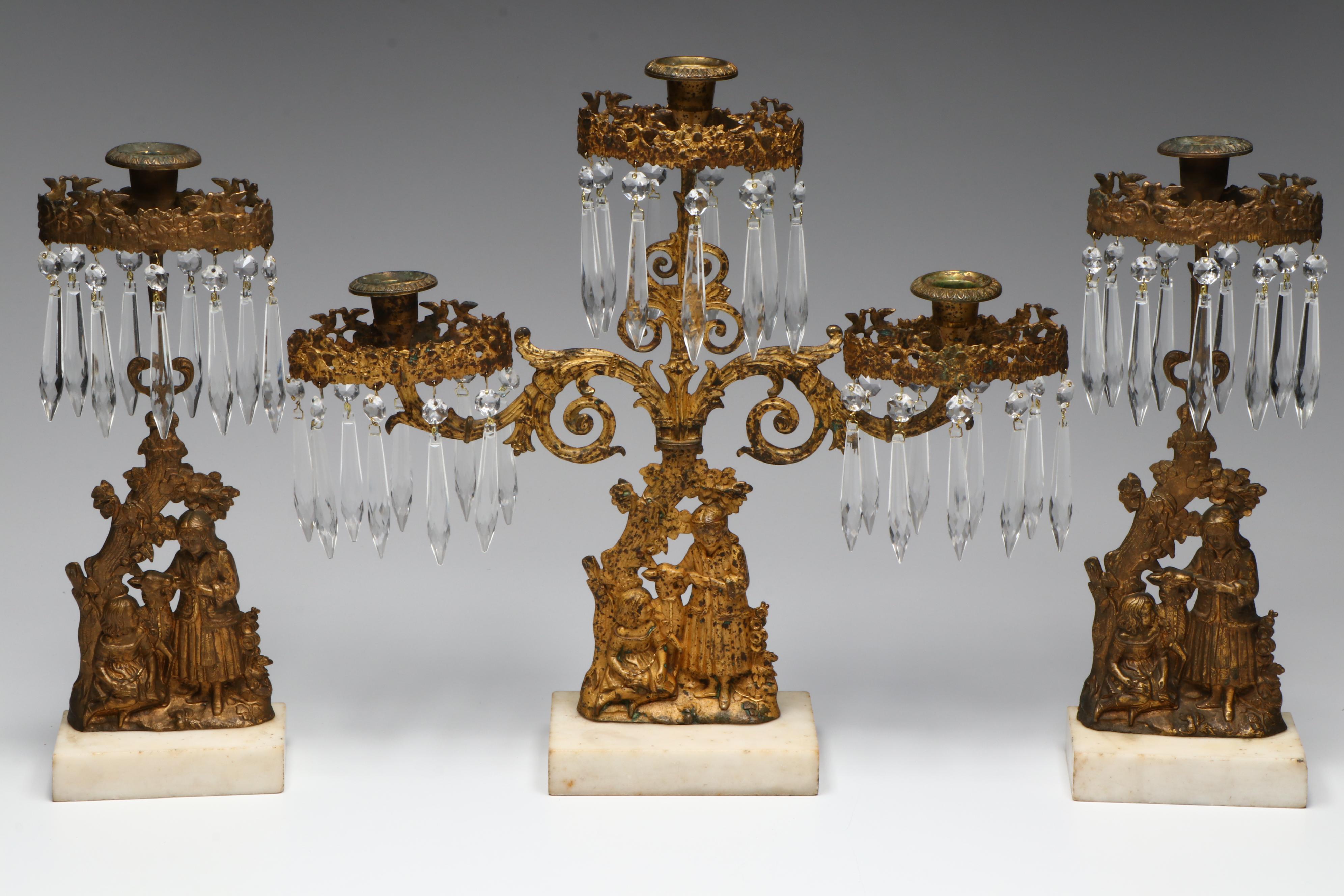 Victorian Gilt Metal Girandoles with Hanging Pendants, Late 19th Century