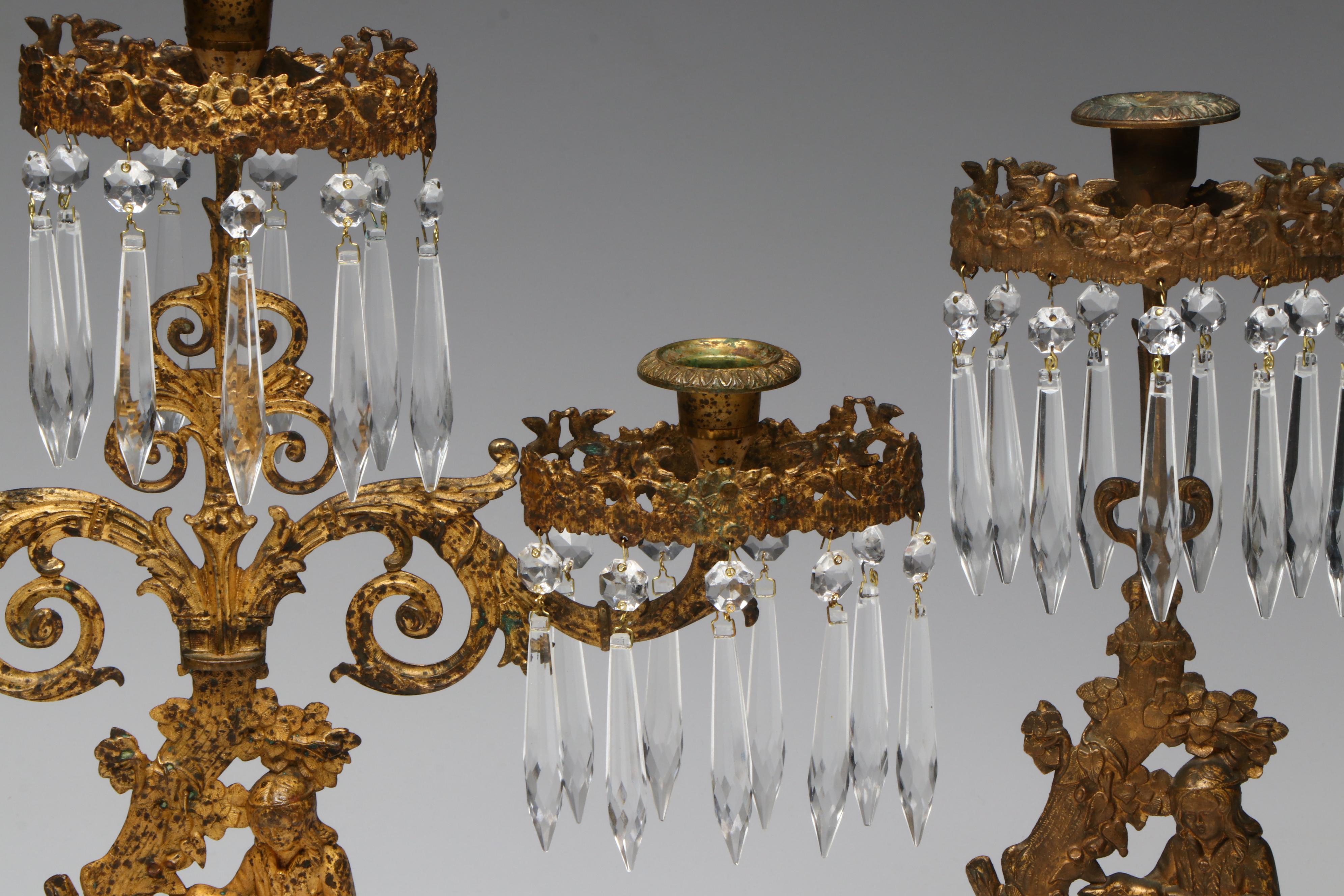 Victorian Gilt Metal Girandoles with Hanging Pendants, Late 19th Century