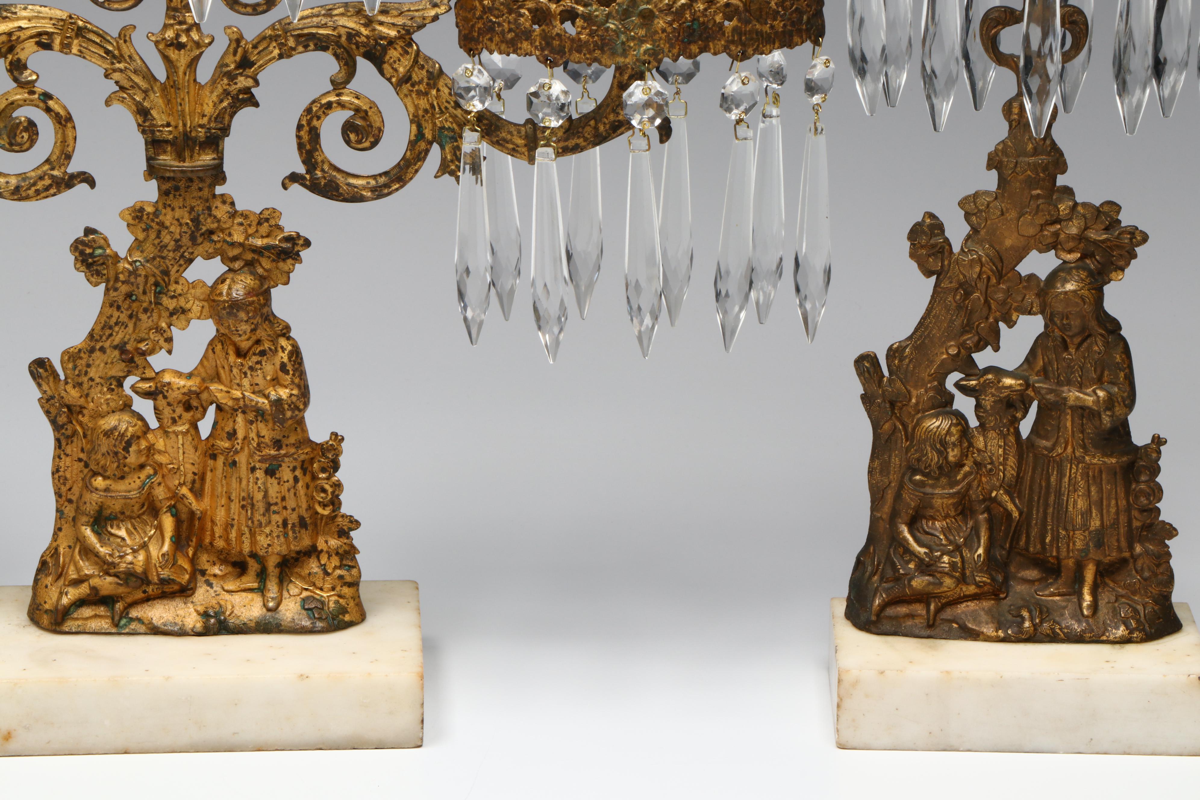 Victorian Gilt Metal Girandoles with Hanging Pendants, Late 19th Century