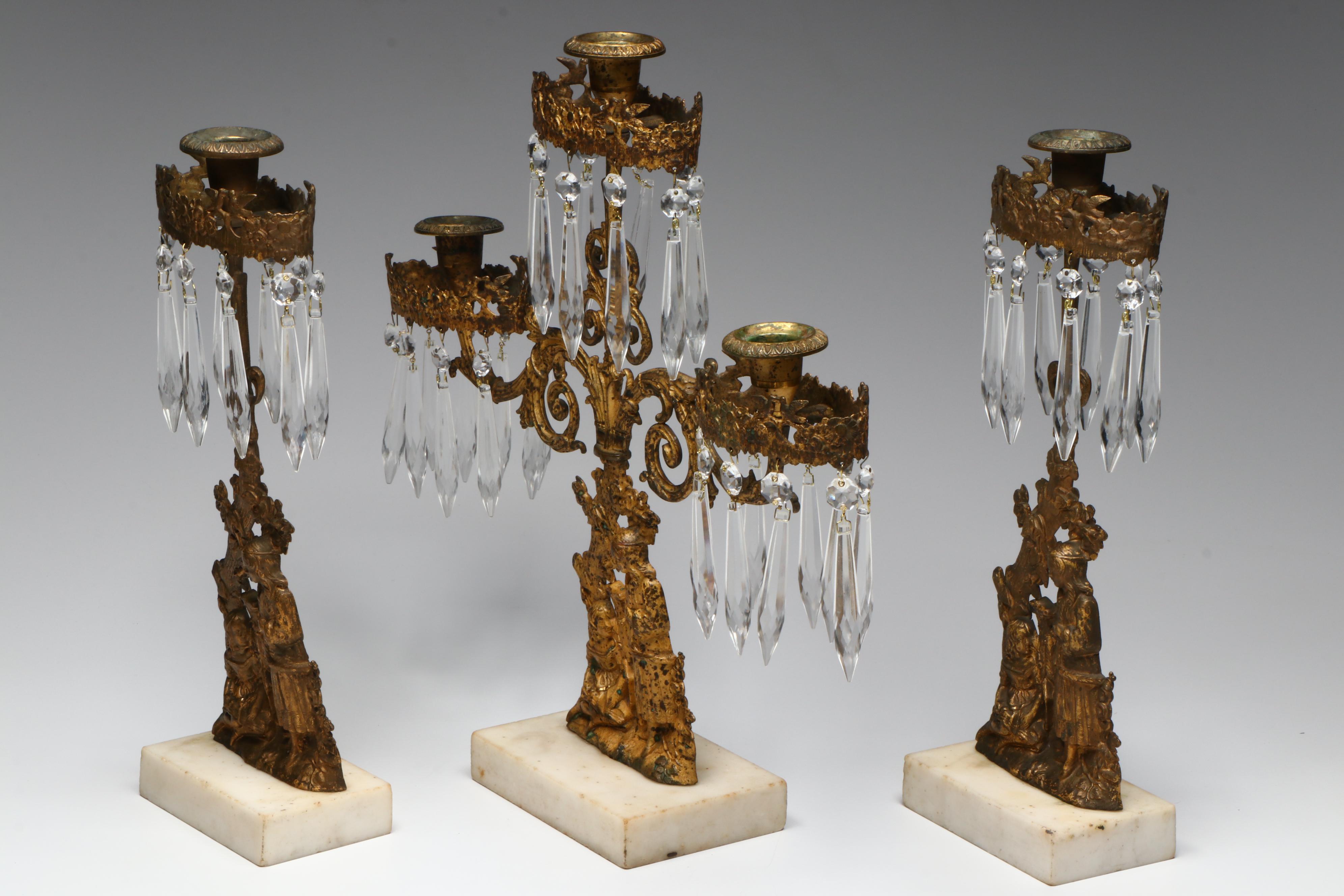 Victorian Gilt Metal Girandoles with Hanging Pendants, Late 19th Century