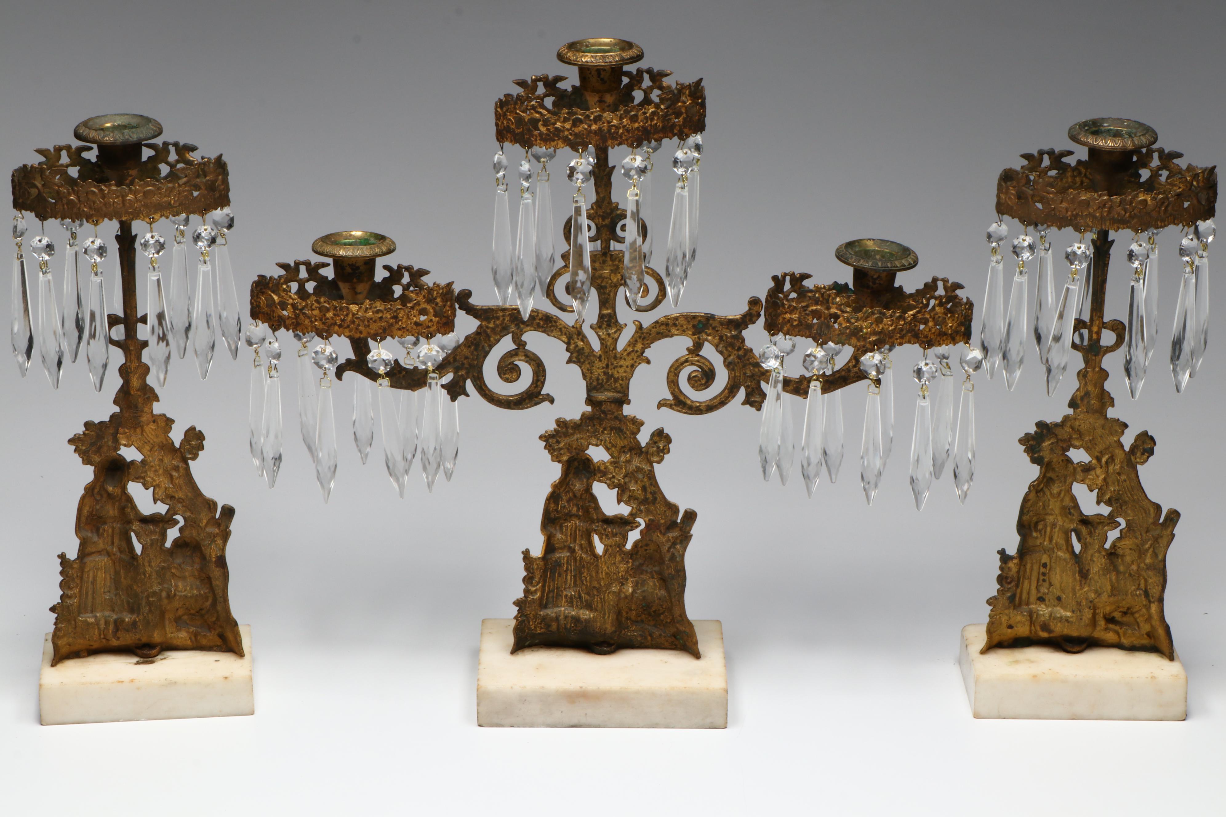 Victorian Gilt Metal Girandoles with Hanging Pendants, Late 19th Century