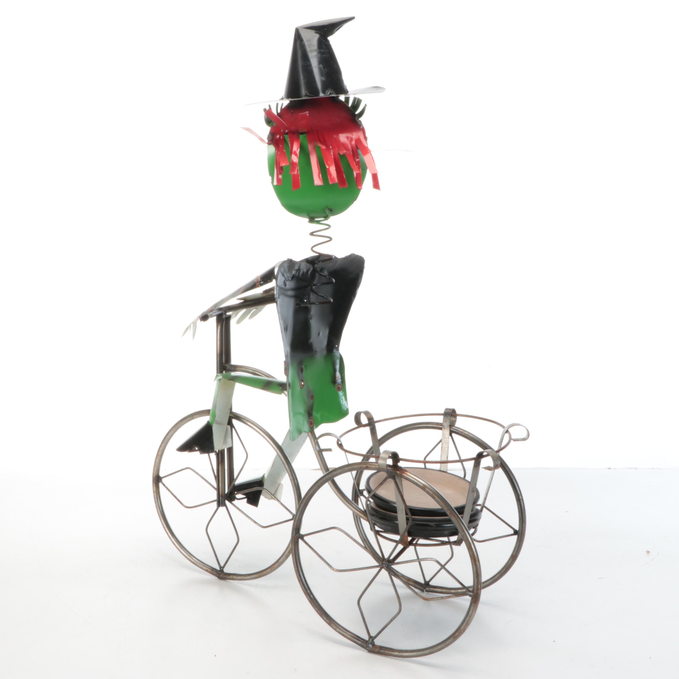 Halloween Whimsical Metal Biking Witch Plant Stand