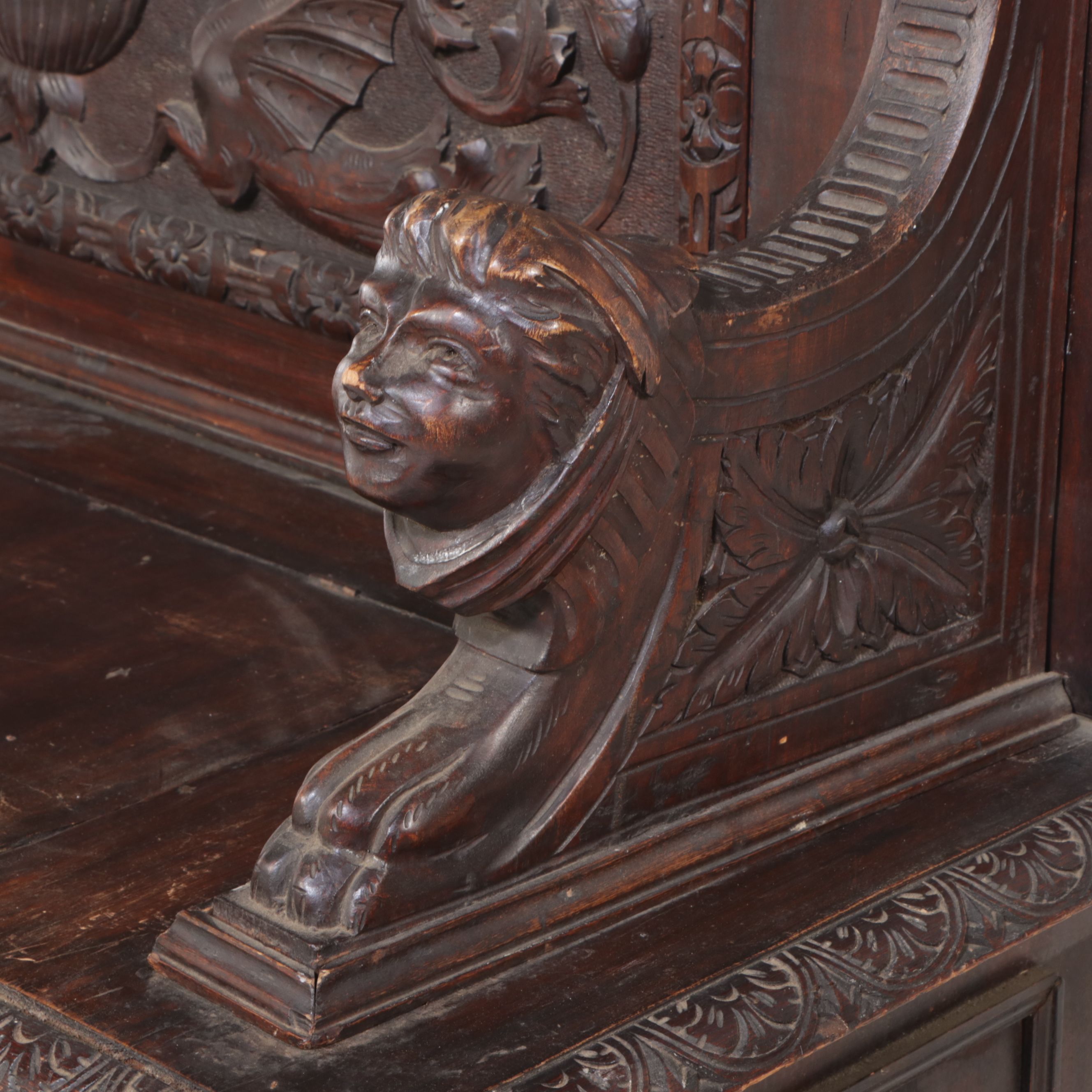 Renaissance Revival Oak Hall Bench, 19th Century