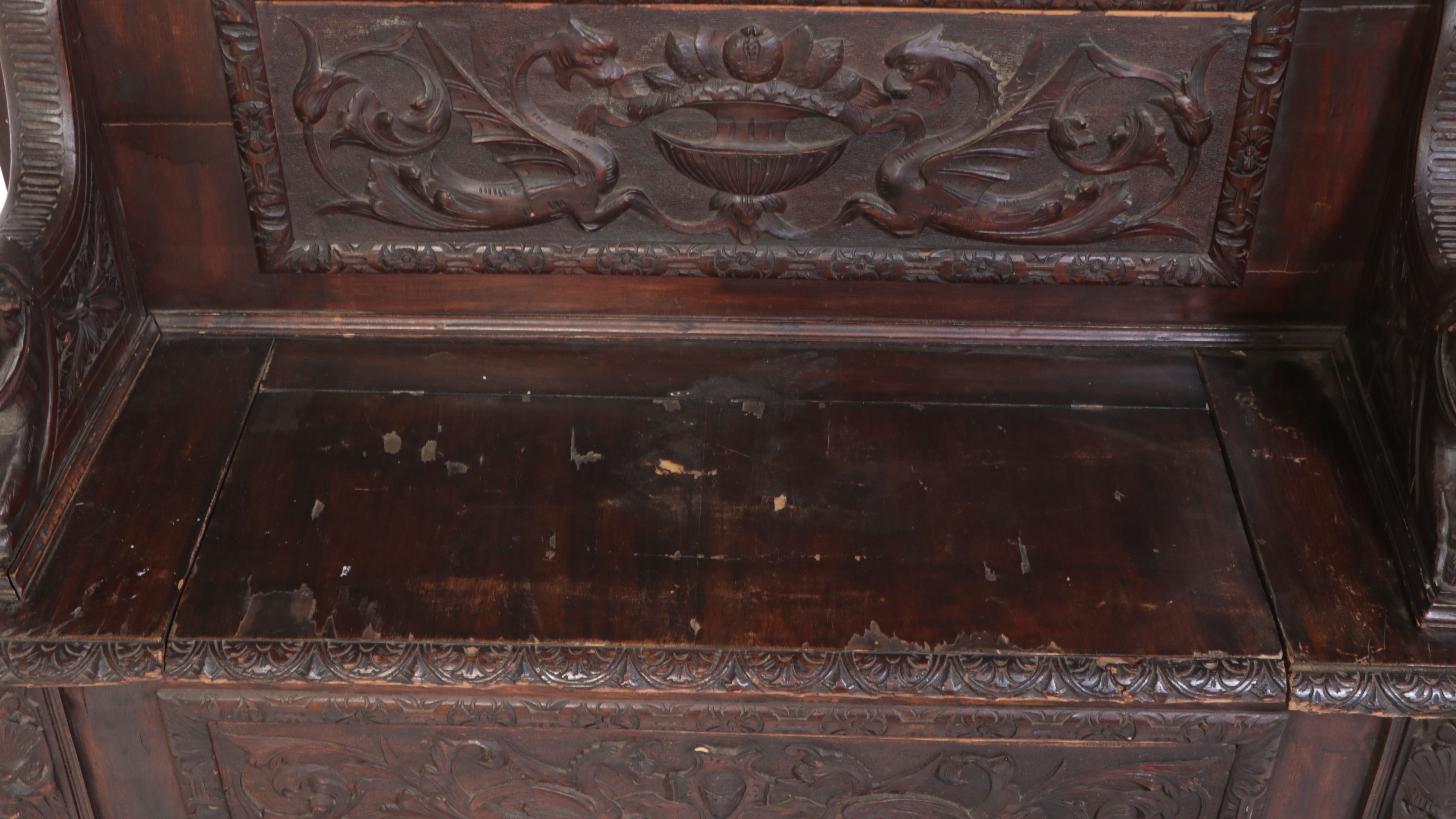 Renaissance Revival Oak Hall Bench, 19th Century