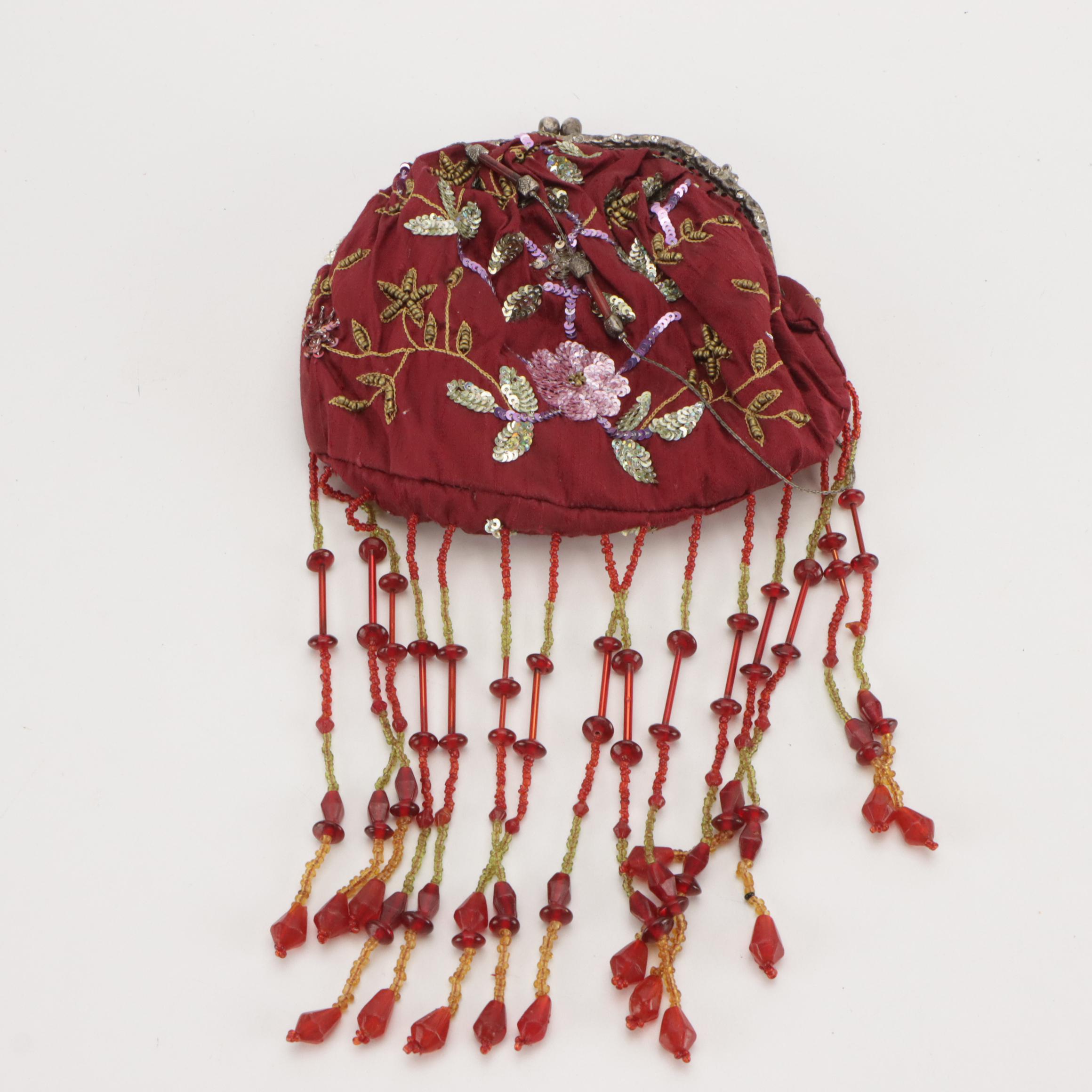 Hand-Beaded Kiss Lock Purse with Ostrich Feather and Rhinestone Accessory