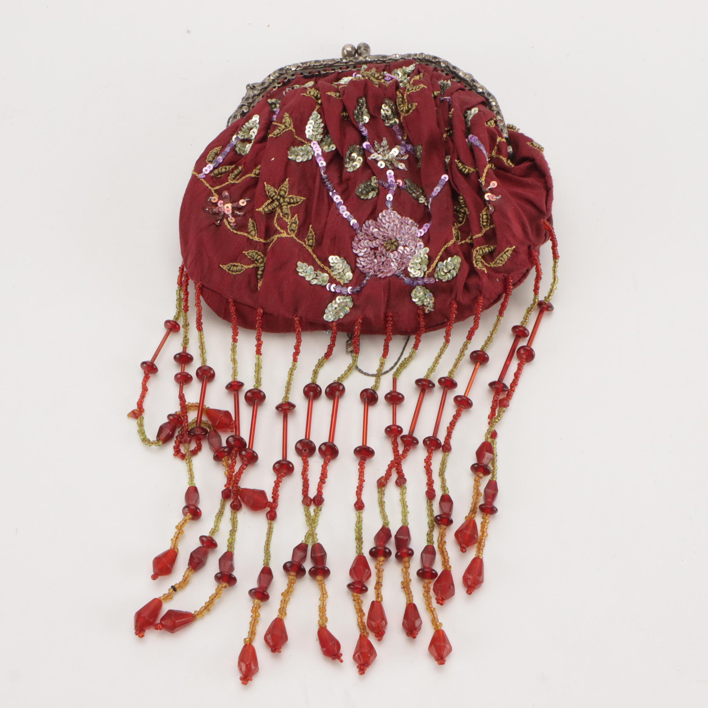 Hand-Beaded Kiss Lock Purse with Ostrich Feather and Rhinestone Accessory