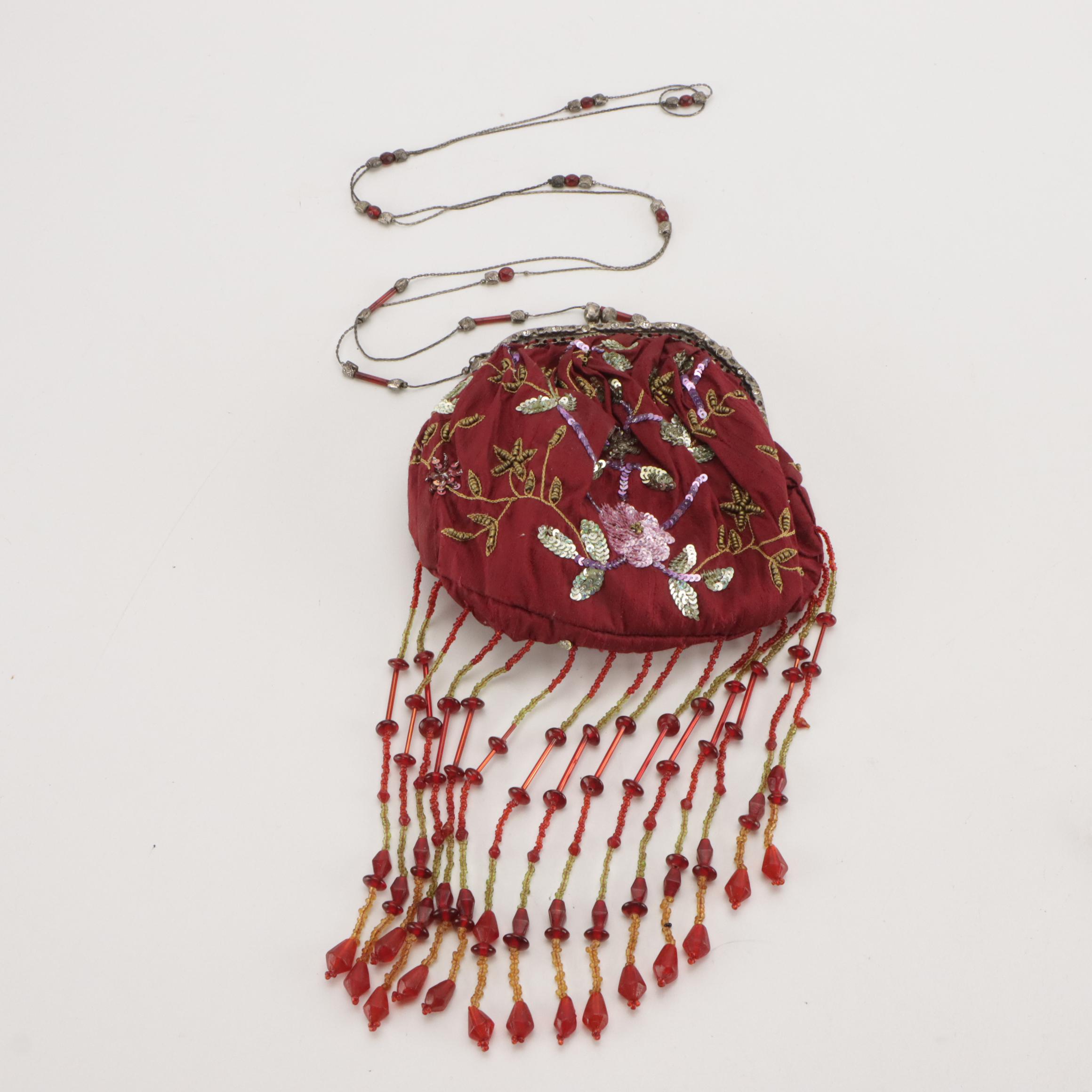 Hand-Beaded Kiss Lock Purse with Ostrich Feather and Rhinestone Accessory