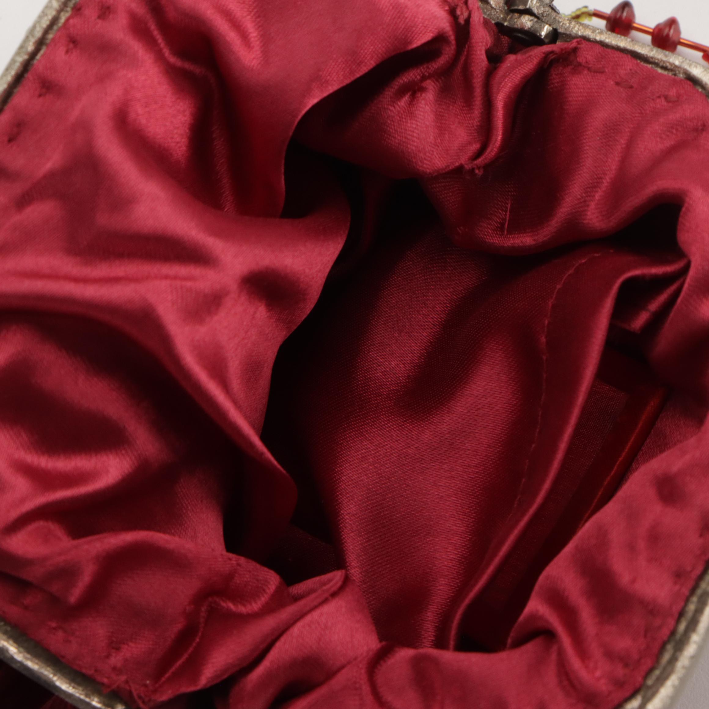 Hand-Beaded Kiss Lock Purse with Ostrich Feather and Rhinestone Accessory