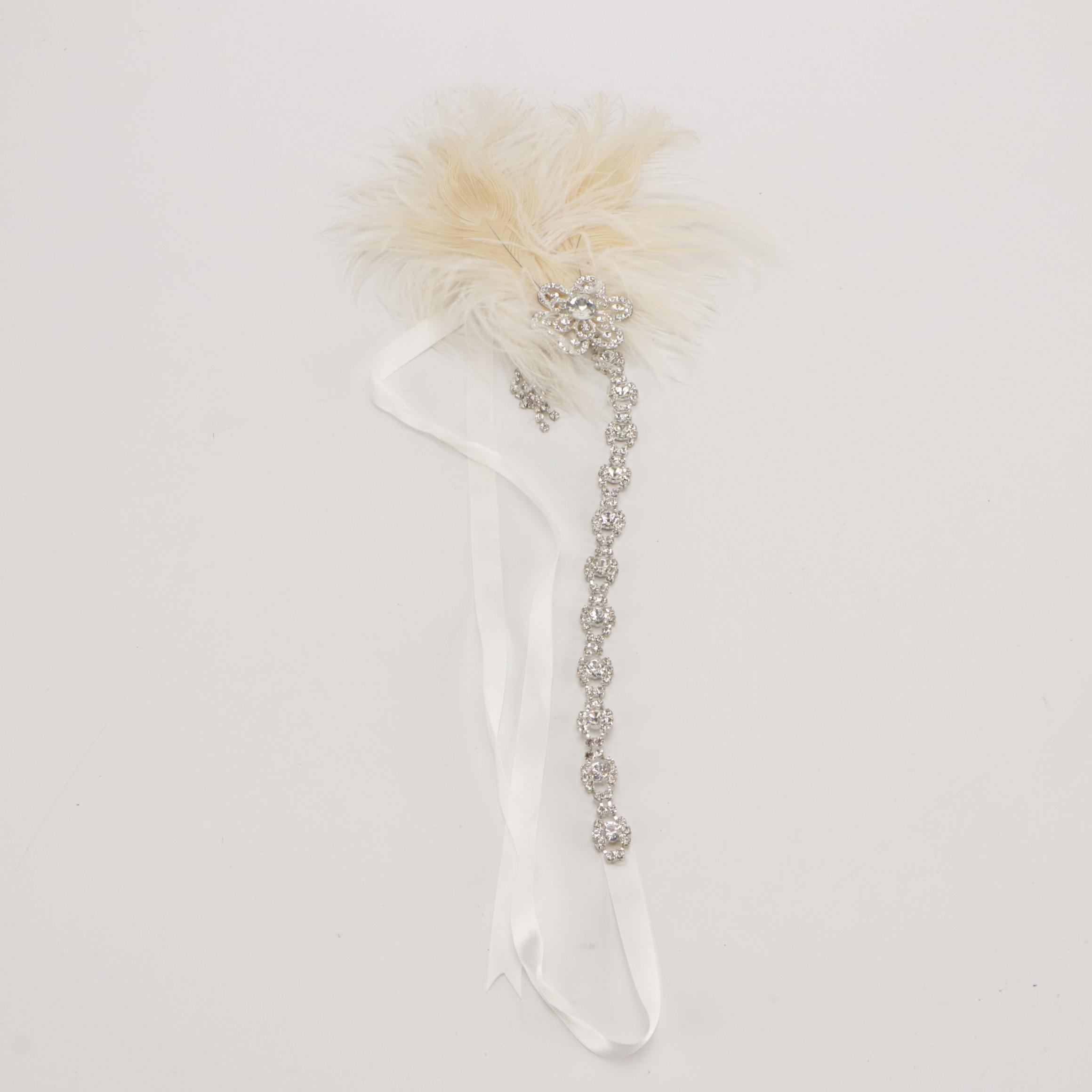 Hand-Beaded Kiss Lock Purse with Ostrich Feather and Rhinestone Accessory