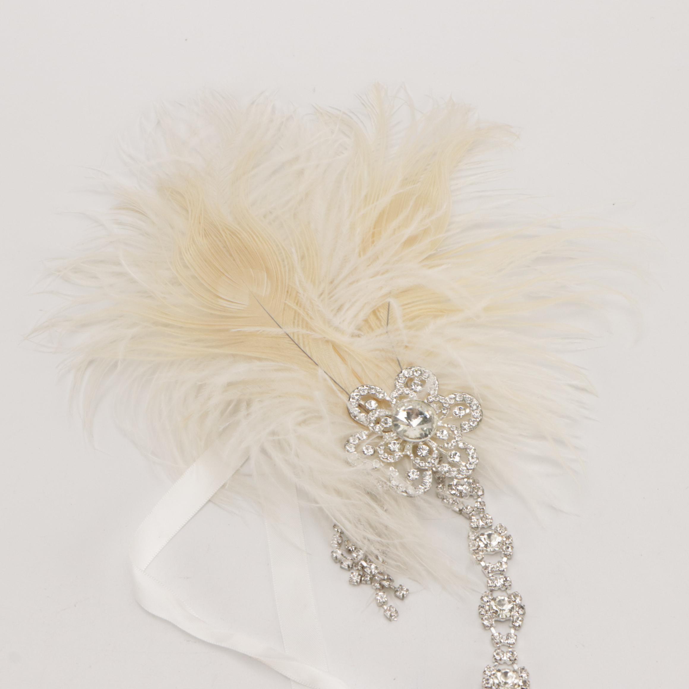 Hand-Beaded Kiss Lock Purse with Ostrich Feather and Rhinestone Accessory