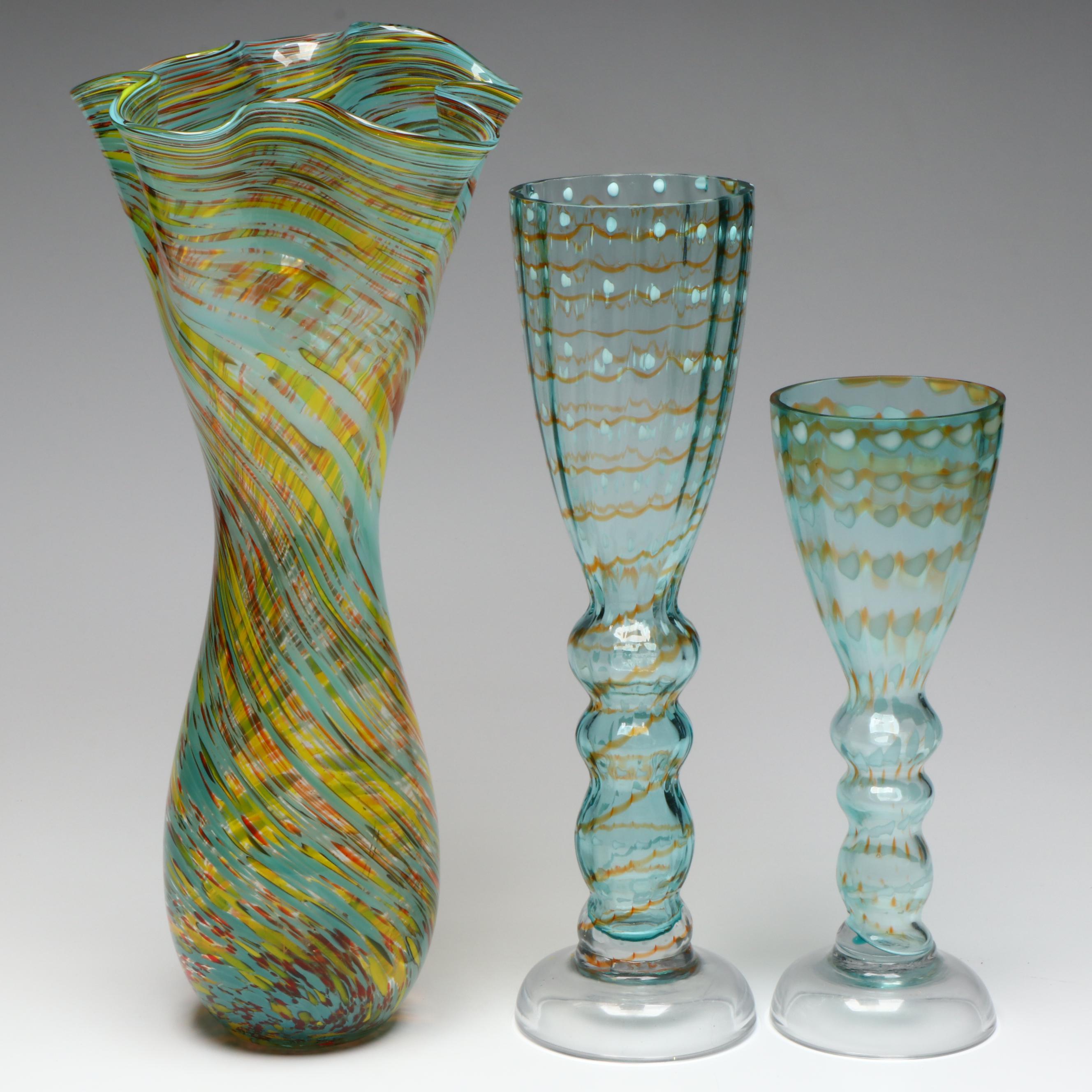 Murano Style Swirl Glass Vase with Other Glass Footed Vases