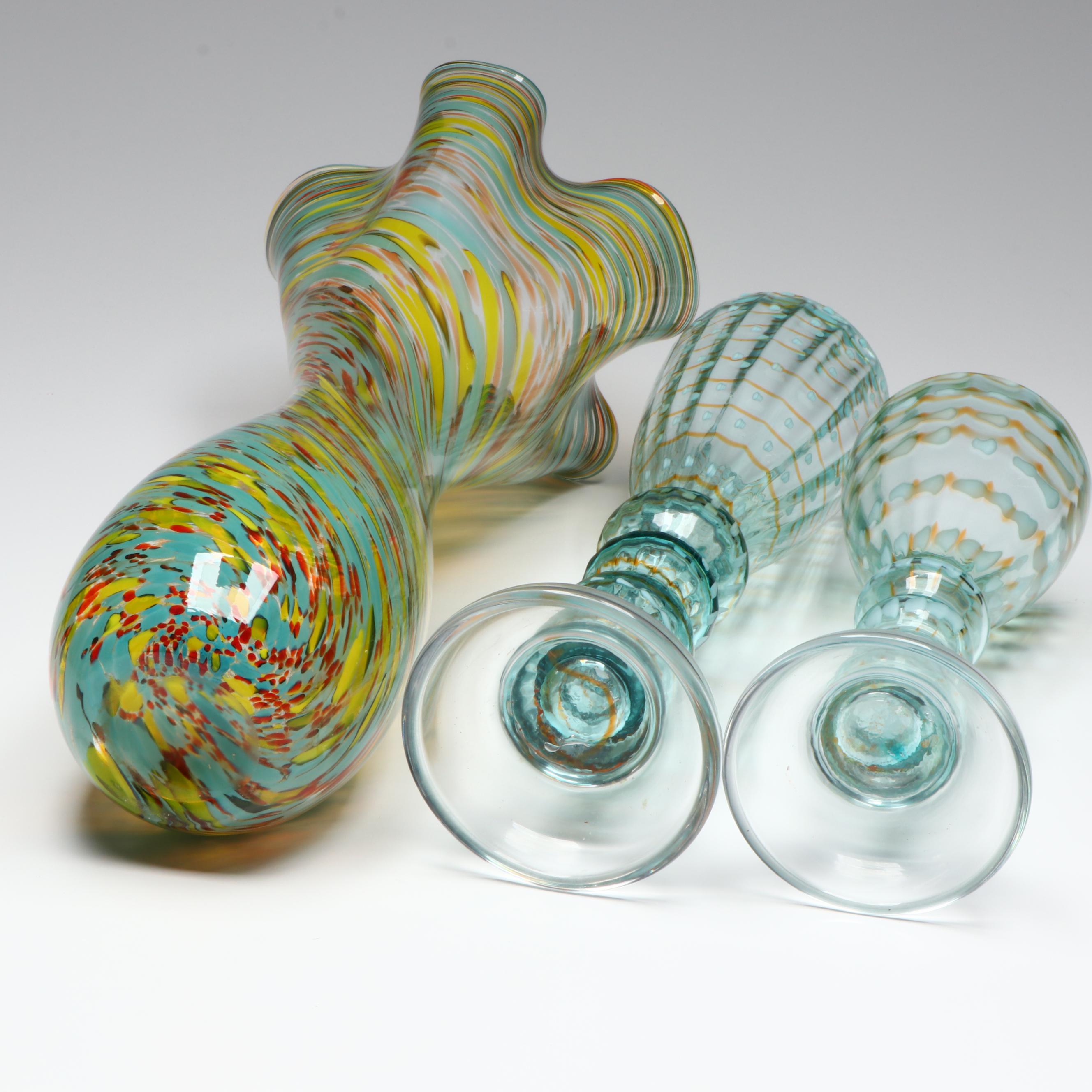 Murano Style Swirl Glass Vase with Other Glass Footed Vases