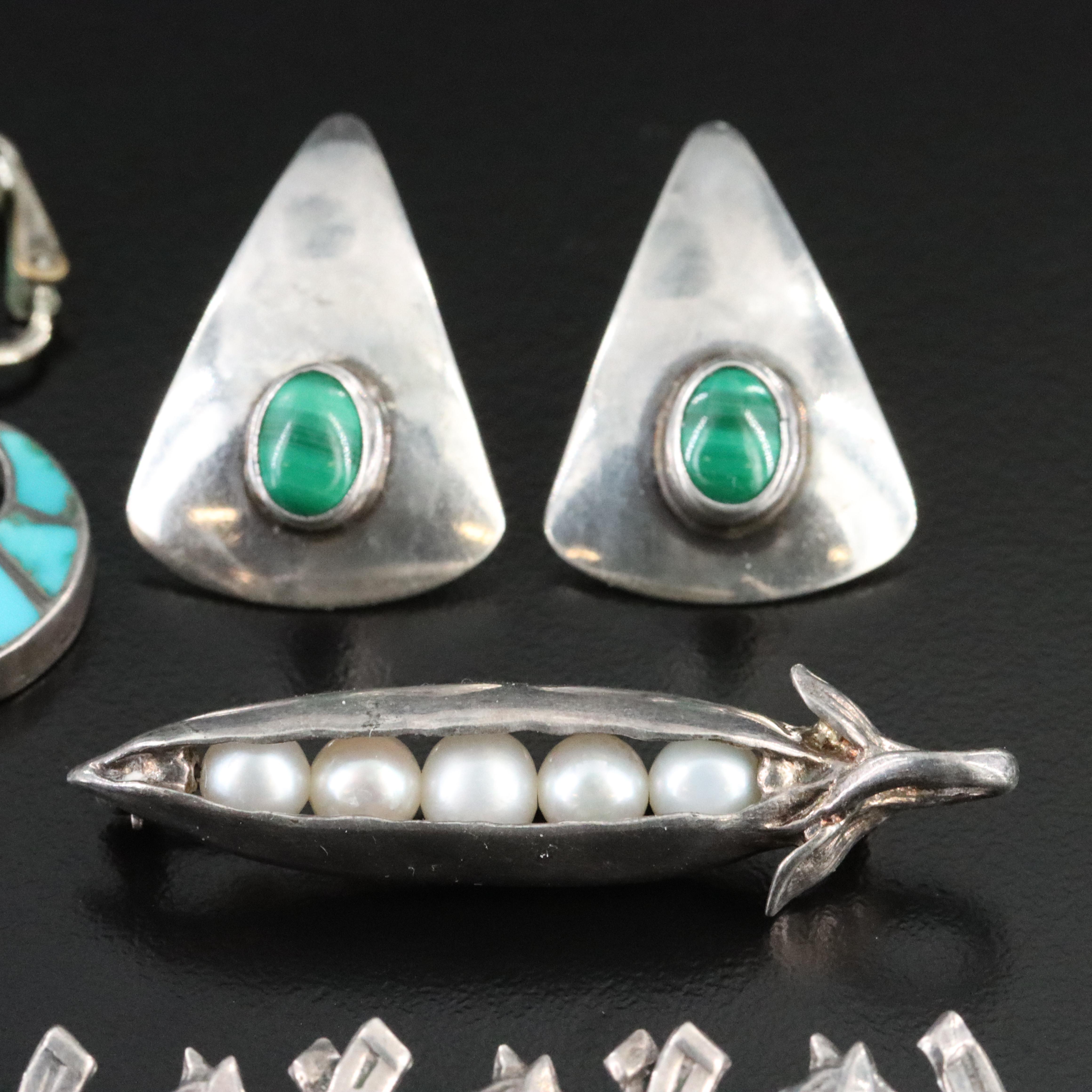 Vintage Sterling Malachite, Pearl and Turquoise Jewelry Collection