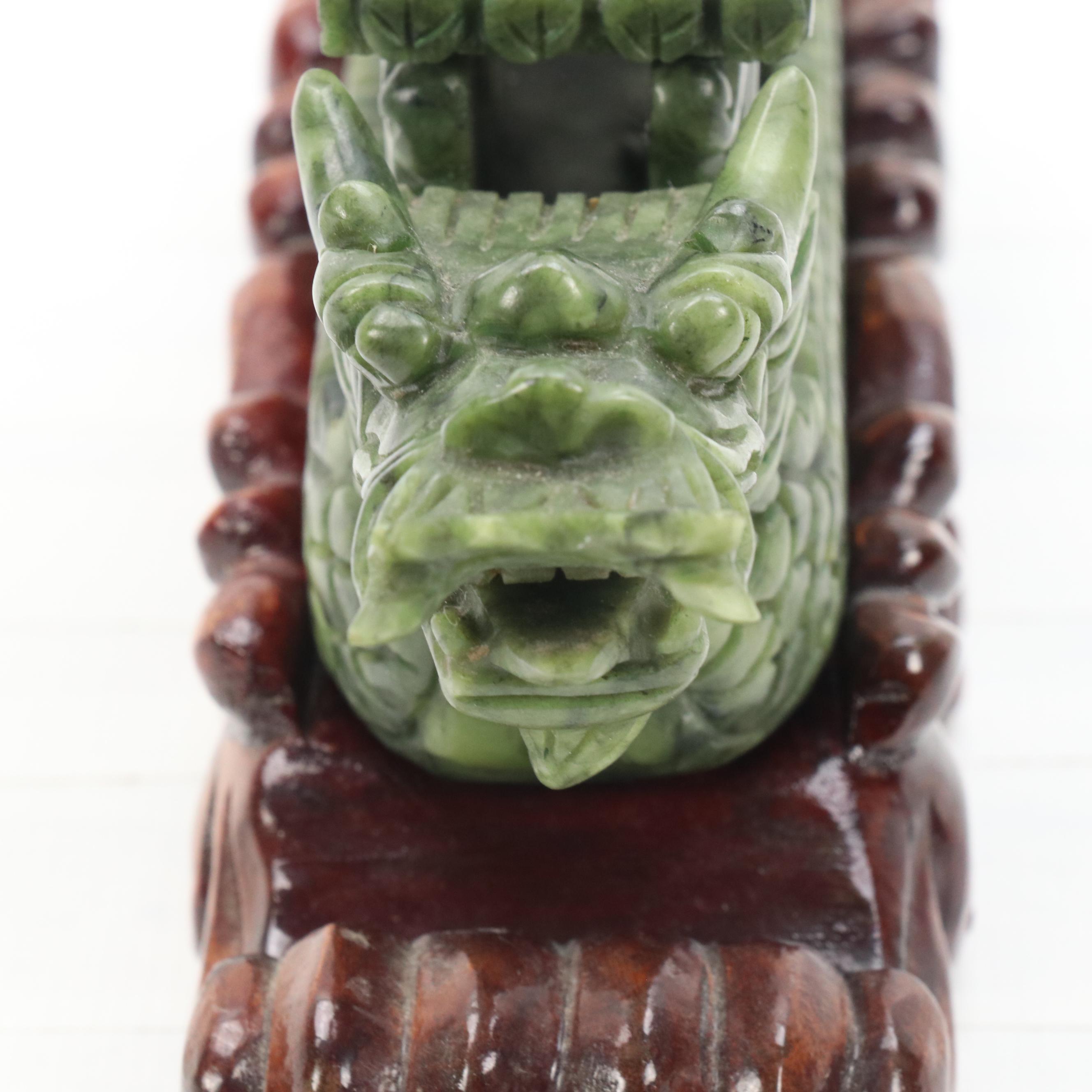 Chinese Carved Serpentine Dragon Boat on Carved Wood Base
