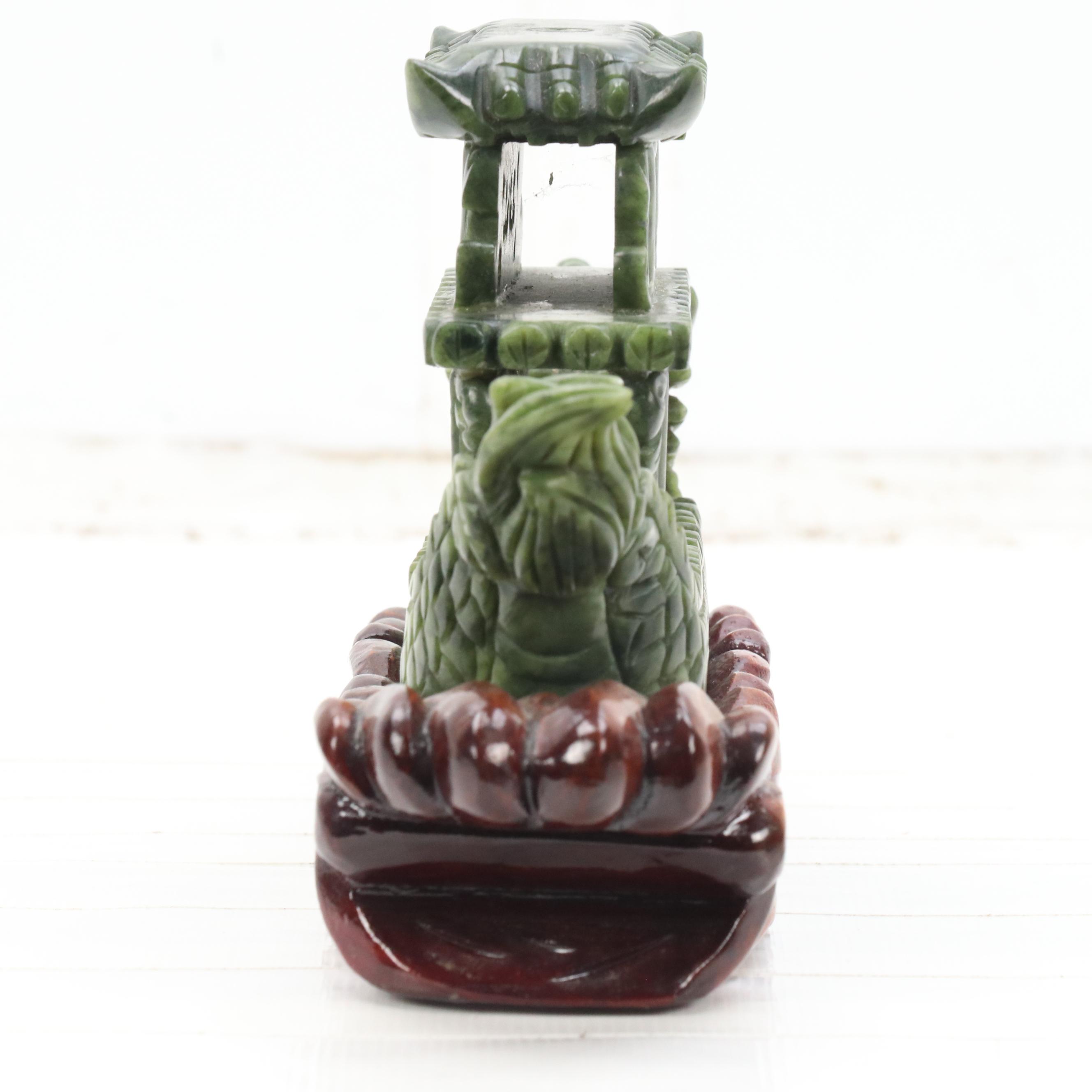 Chinese Carved Serpentine Dragon Boat on Carved Wood Base