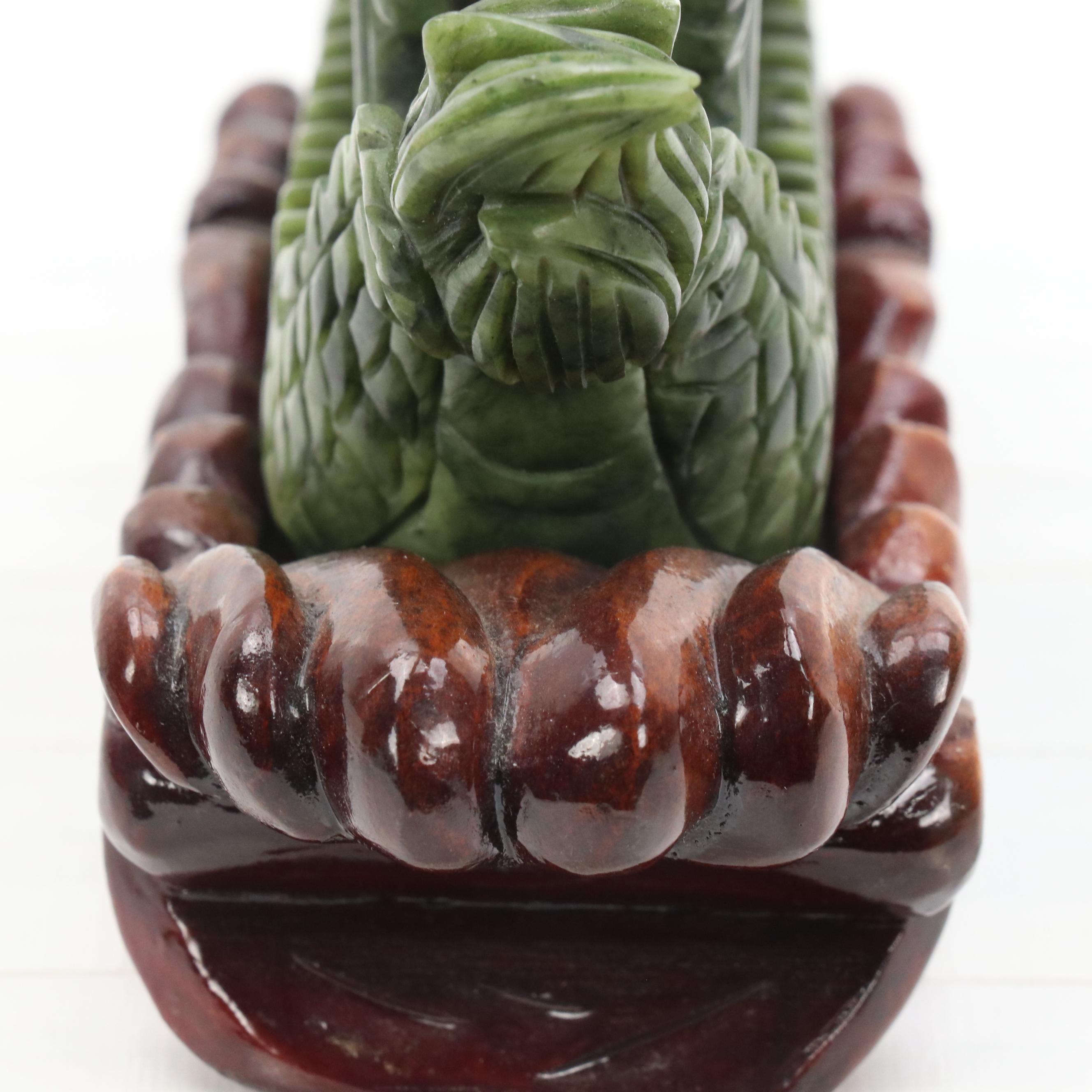 Chinese Carved Serpentine Dragon Boat on Carved Wood Base