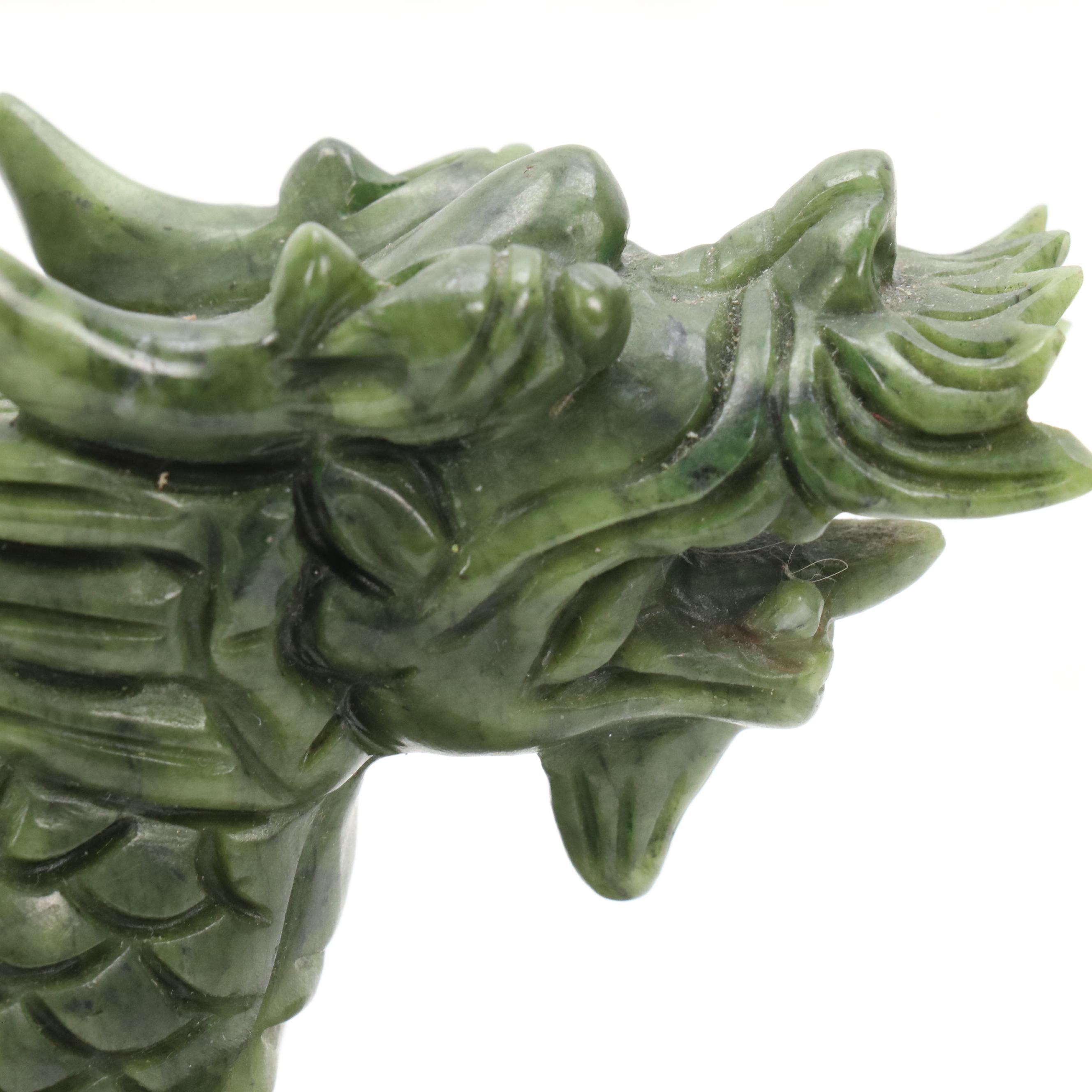 Chinese Carved Serpentine Dragon Boat on Carved Wood Base