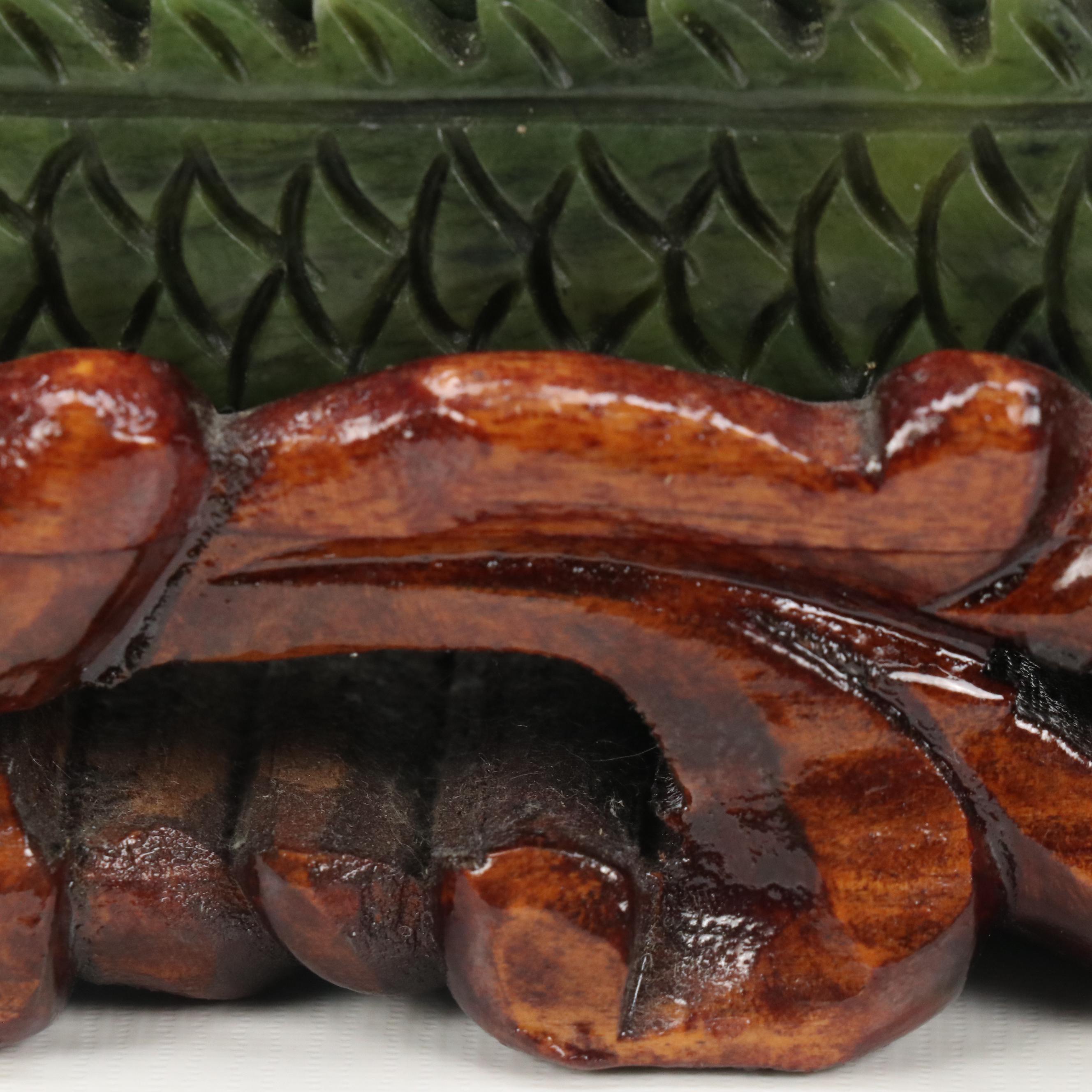 Chinese Carved Serpentine Dragon Boat on Carved Wood Base