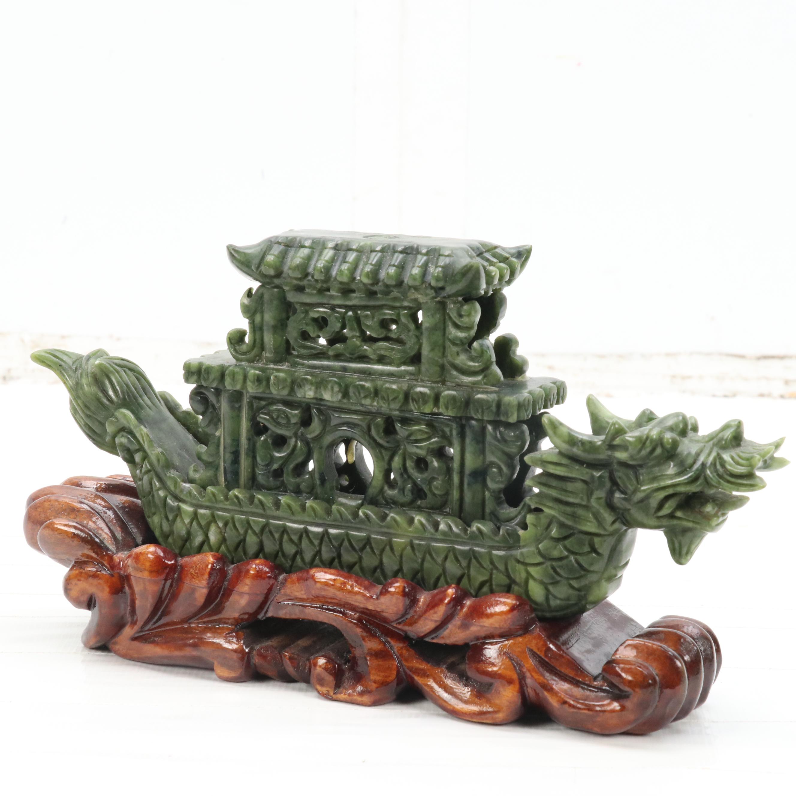 Chinese Carved Serpentine Dragon Boat on Carved Wood Base